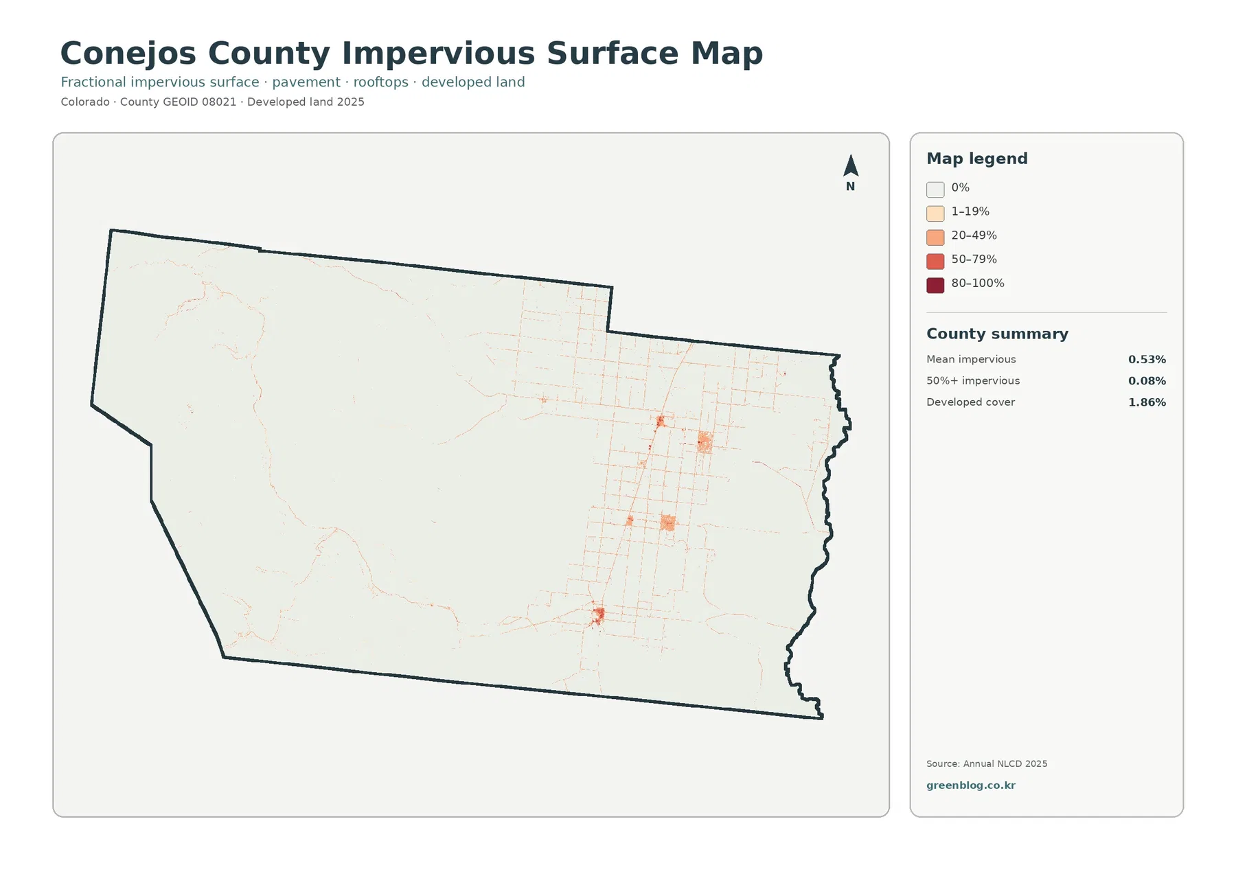 Conejos County impervious surface and developed land map