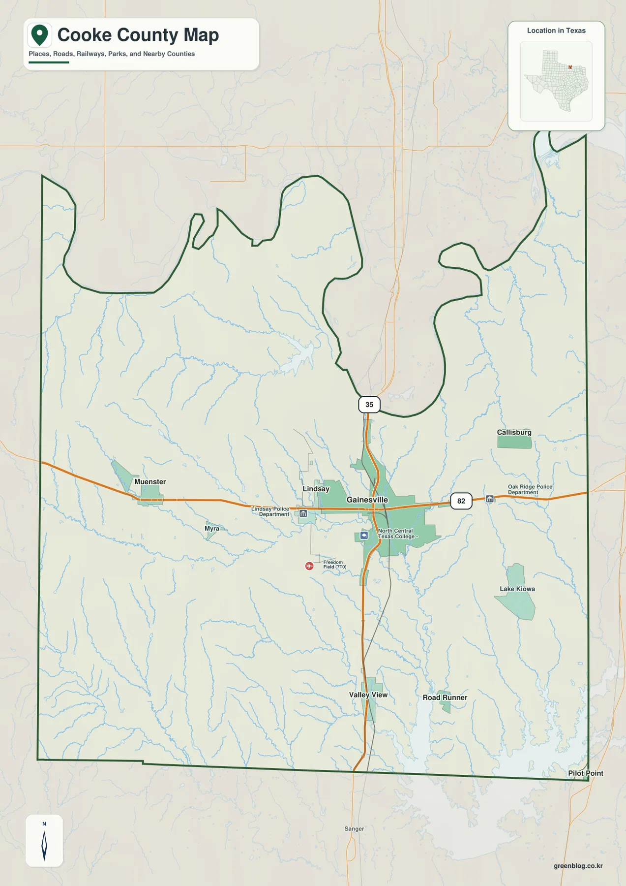 Gainesville, Muenster, Lindsay, Callisburg, Valley View, Road Runner와 I-35·US 82를 표시한 텍사스주 쿡 카운티 지도