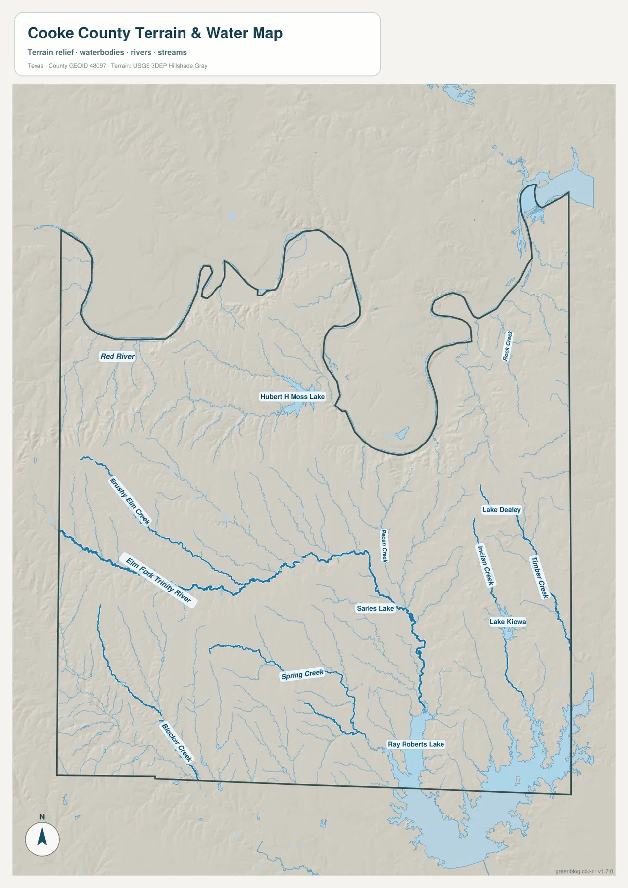 Red River, Elm Fork Trinity River, Pecan Creek, Indian Creek, Timber Creek, Hubert H Moss Lake, Ray Roberts Lake를 표시한 쿡 카운티 수역 지도