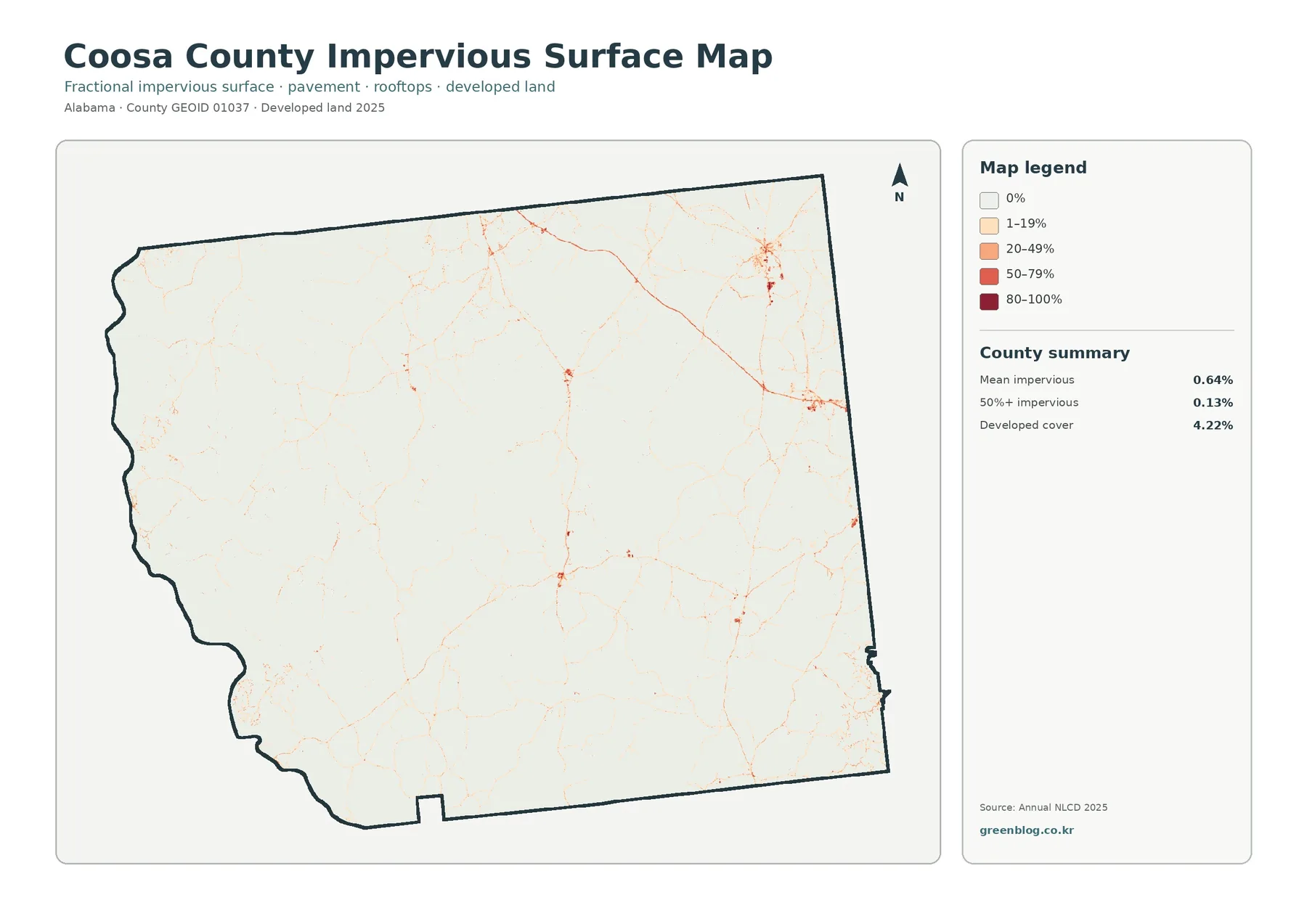 Coosa County impervious surface and developed land map