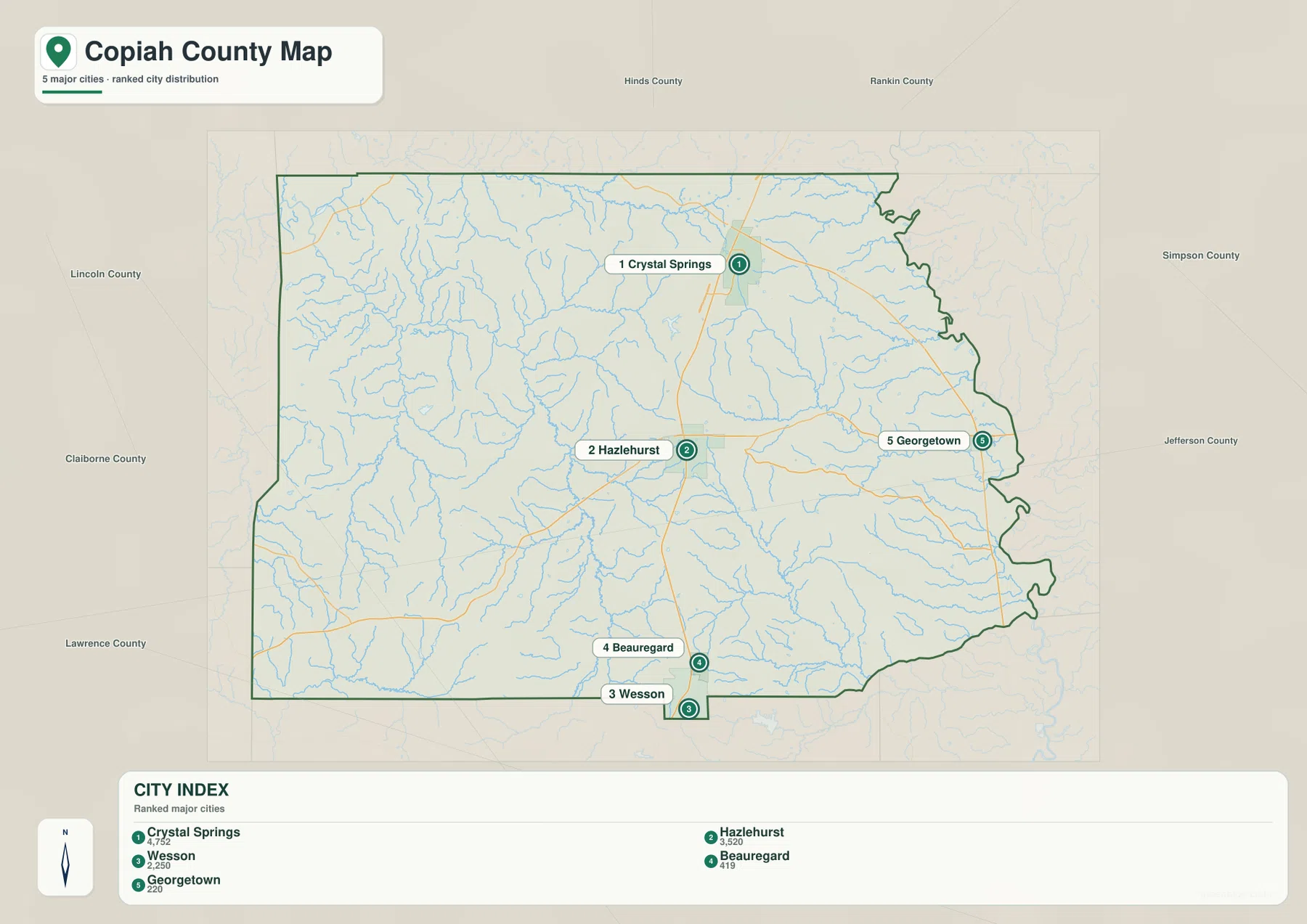 Copiah County city map with Crystal Springs, Hazlehurst, Wesson, Beauregard, and Georgetown