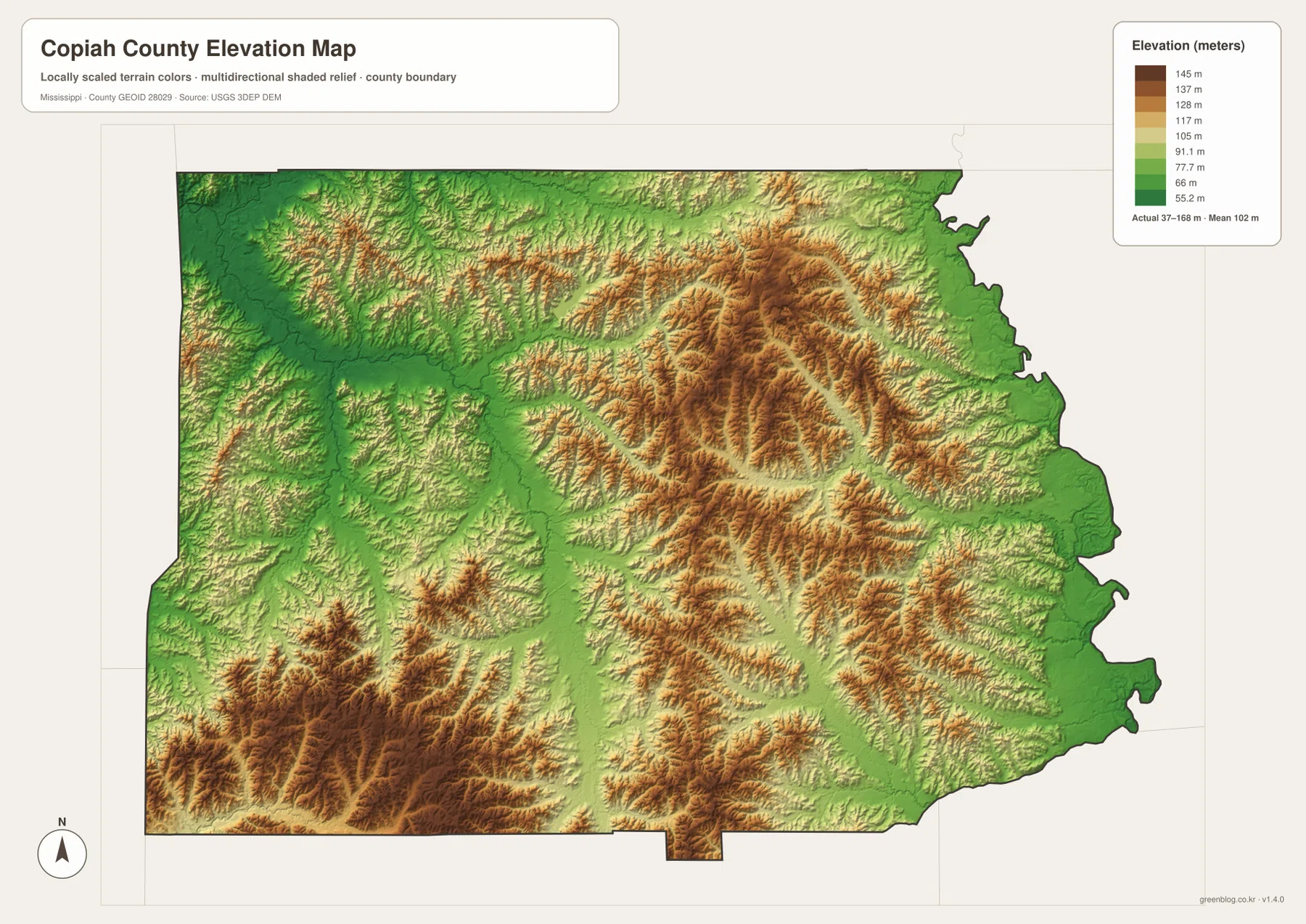 Copiah County elevation map showing approximately 37 to 168 meters of relief