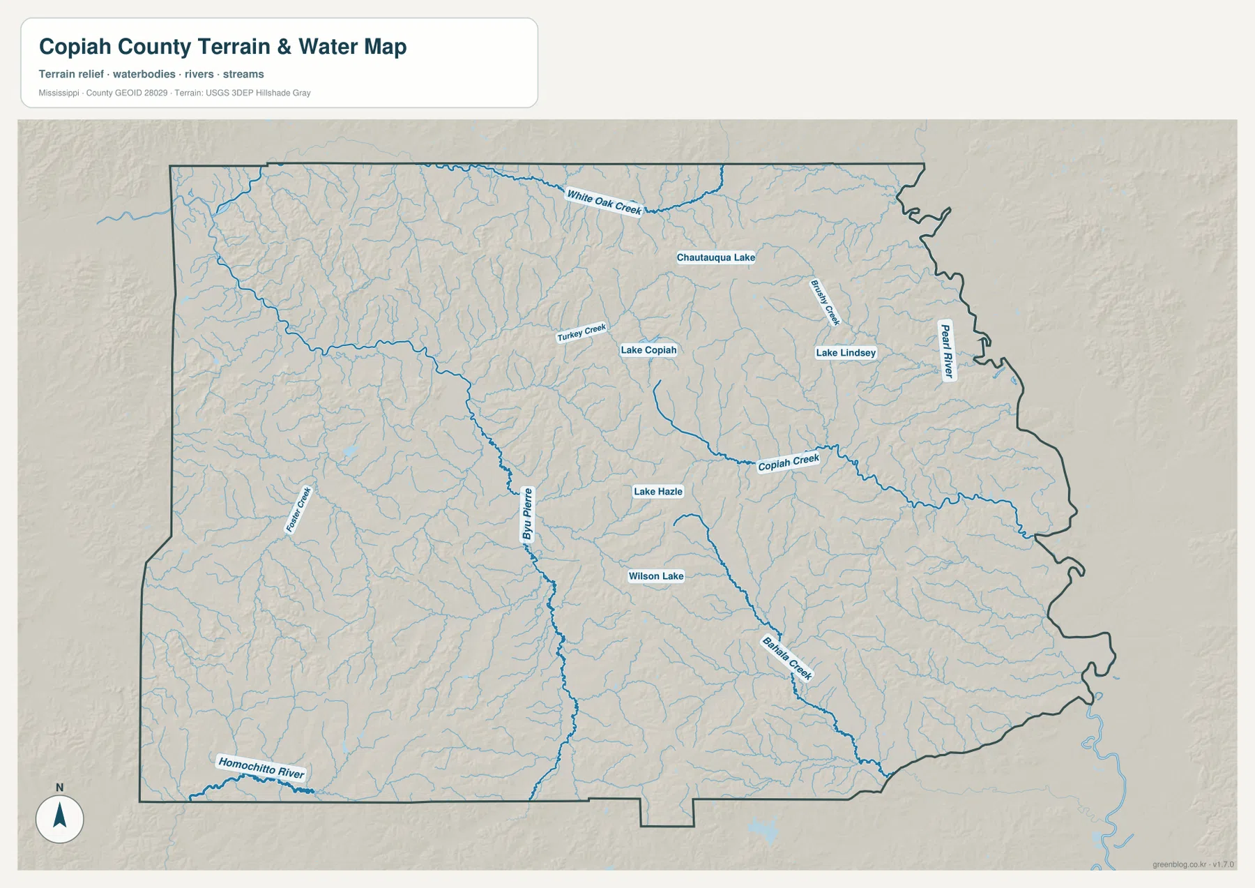 Copiah County water map with Copiah Creek, Bayou Pierre, Pearl River, tributaries, and lakes