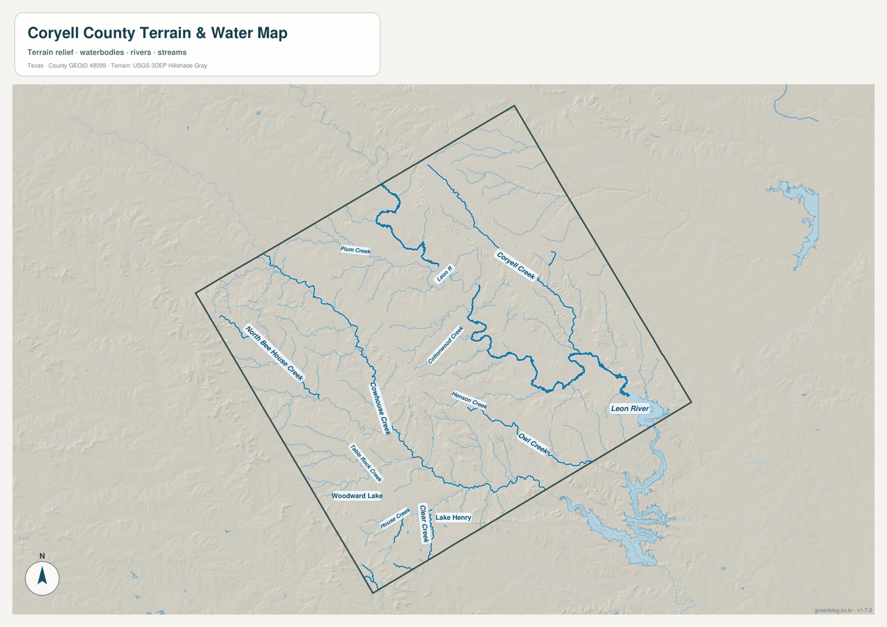 Leon River, Coryell Creek, Cowhouse Creek, Cottonwood Creek, Henson Creek, Owl Creek와 여러 호수를 표시한 코리엘 카운티 수역 지도