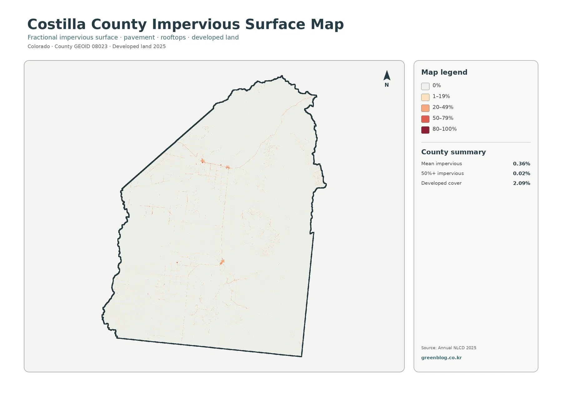 Costilla County impervious surface and developed land map