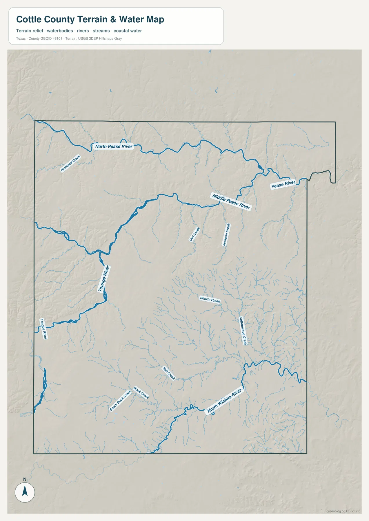 North Pease River, Middle Pease River, Pease River, Tongue River, Shorty Creek, Cottonwood Creek, North Wichita River를 표시한 코틀 카운티 수역 지도
