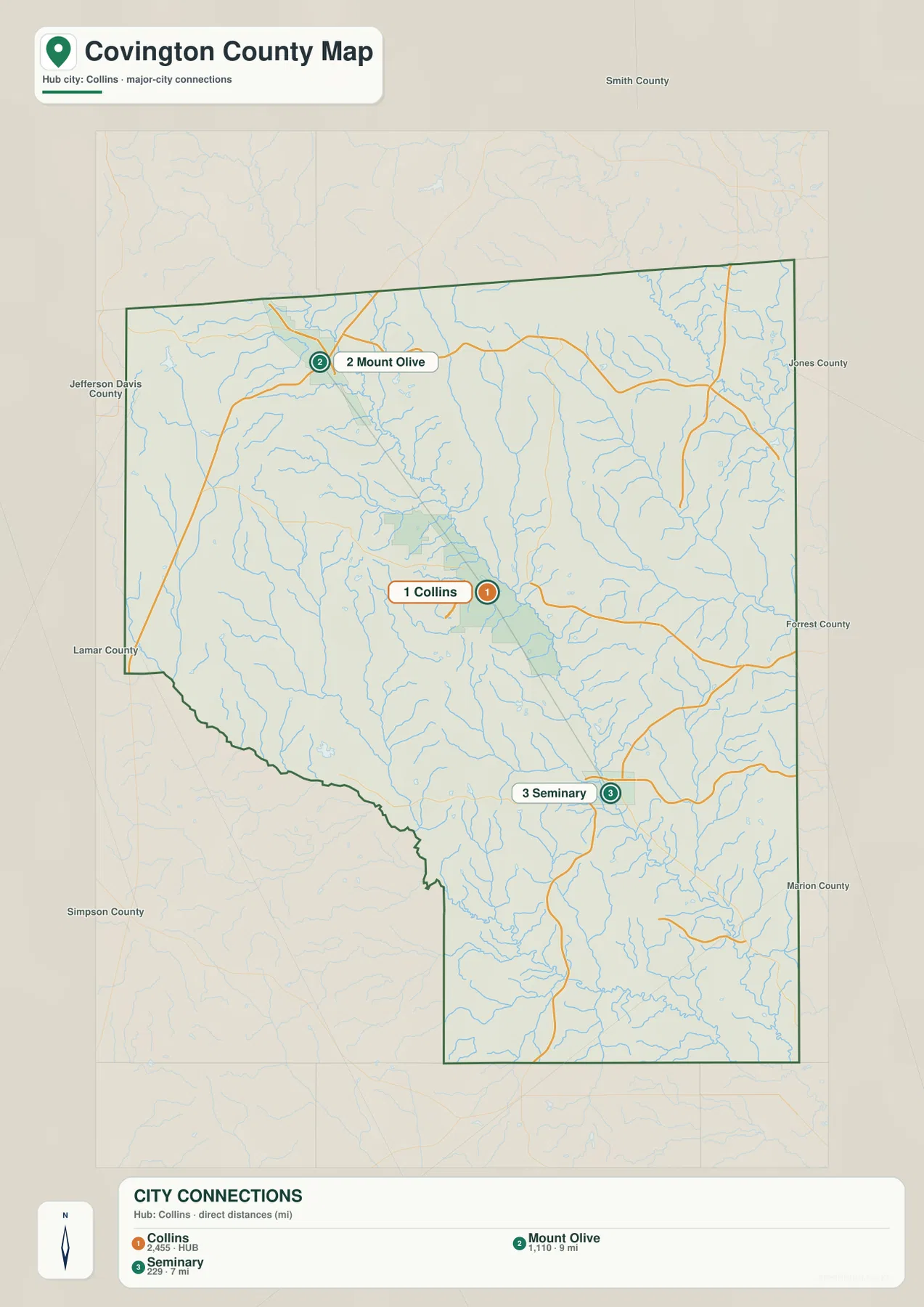Covington County city map showing Collins, Mount Olive, Seminary, and straight-line distances