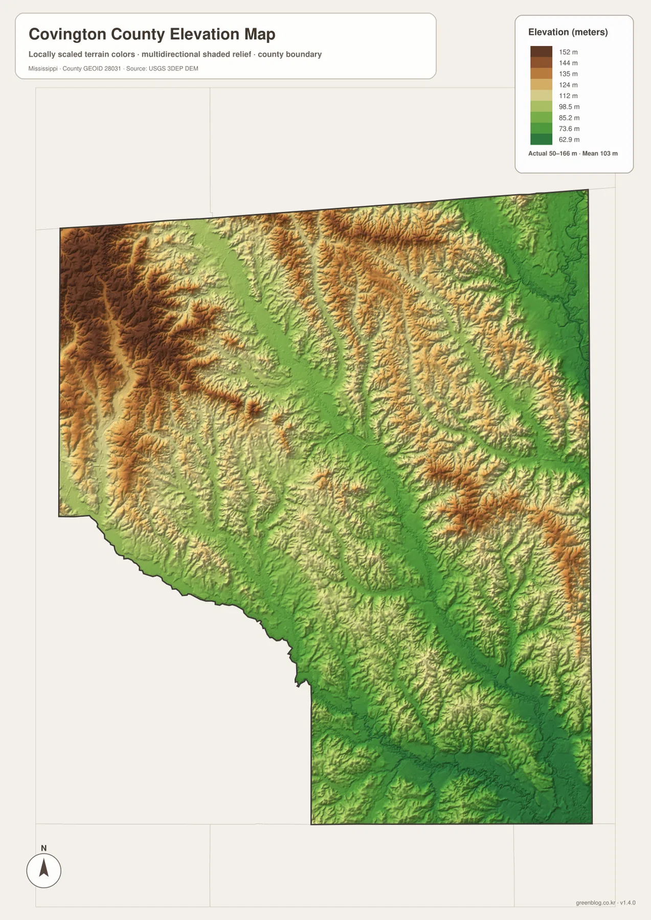 Covington County elevation map showing approximately 50 to 166 meters of relief