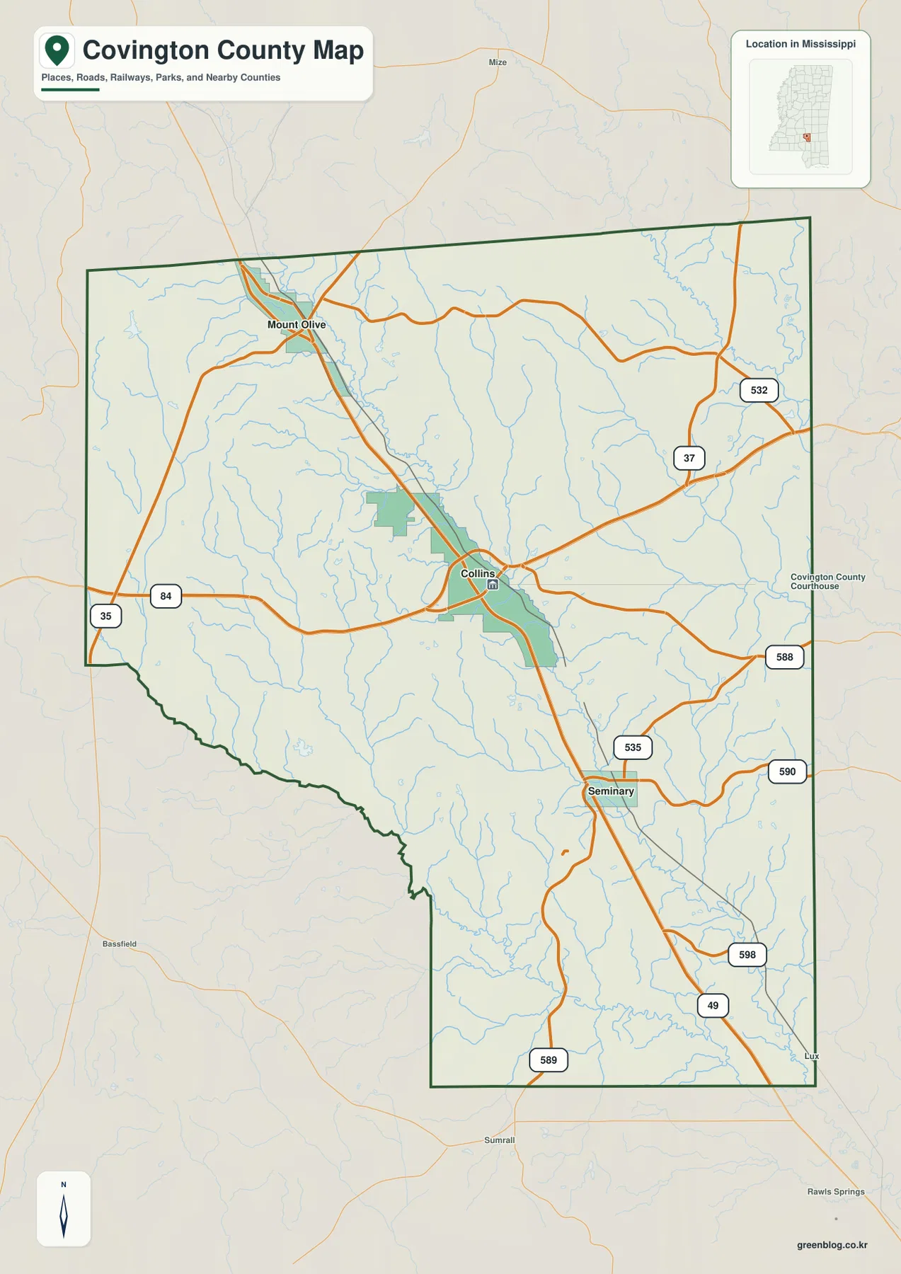 Covington County Mississippi Map showing Collins, Mount Olive, Seminary, roads, and county boundary
