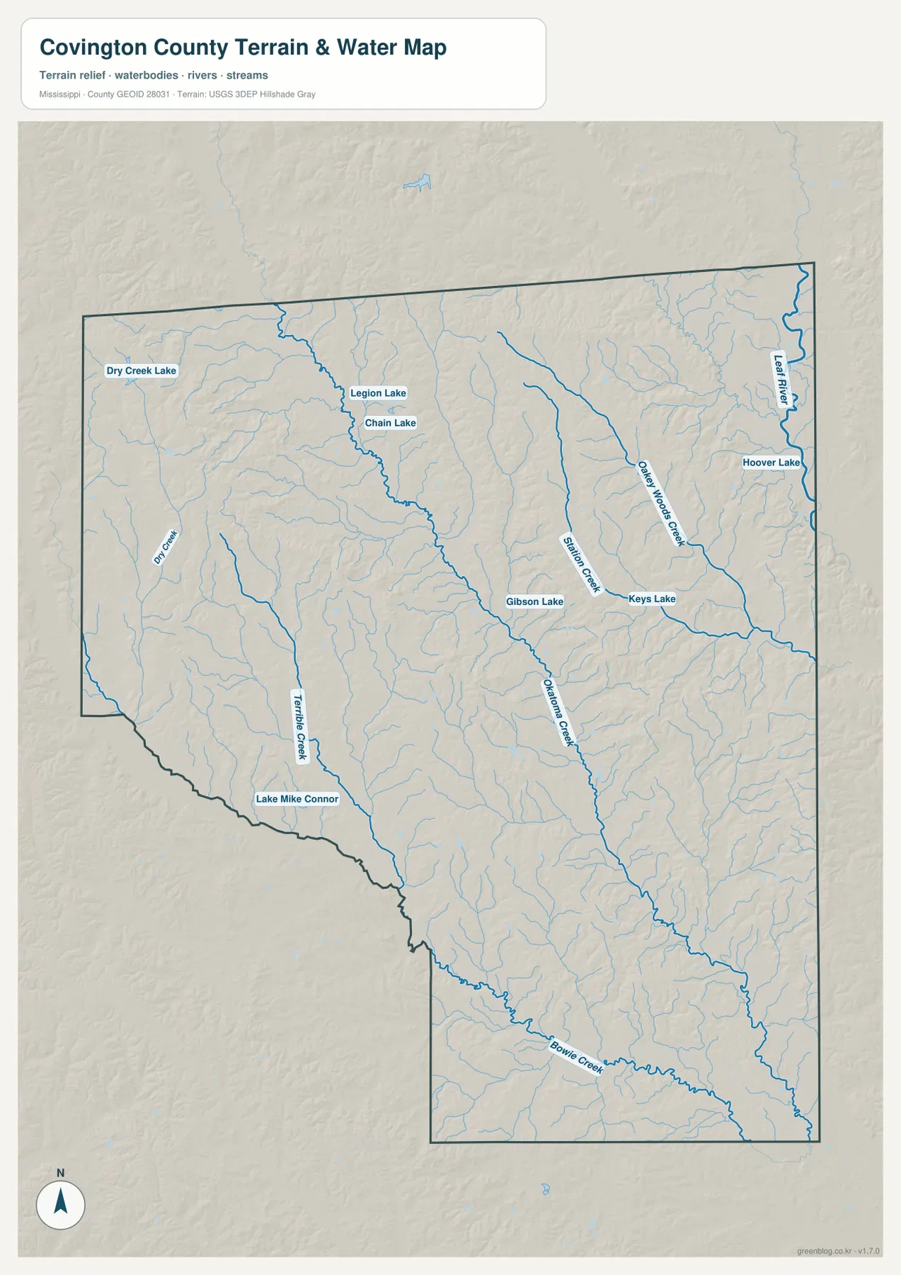Covington County water map showing Okatoma Creek, Leaf River, Station Creek, Bowie Creek, and lakes