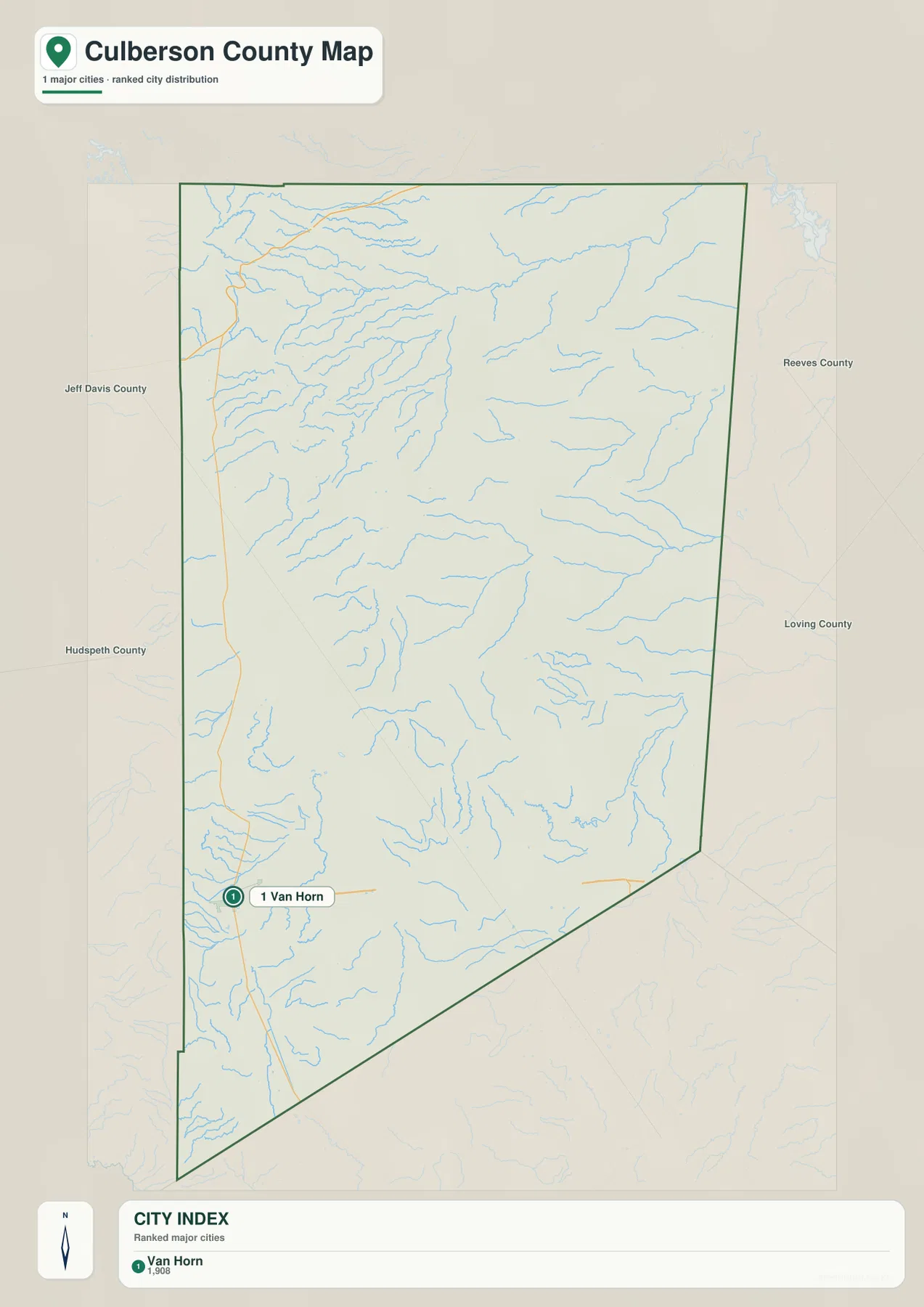 Culberson County city map with Van Horn as the single ranked major city