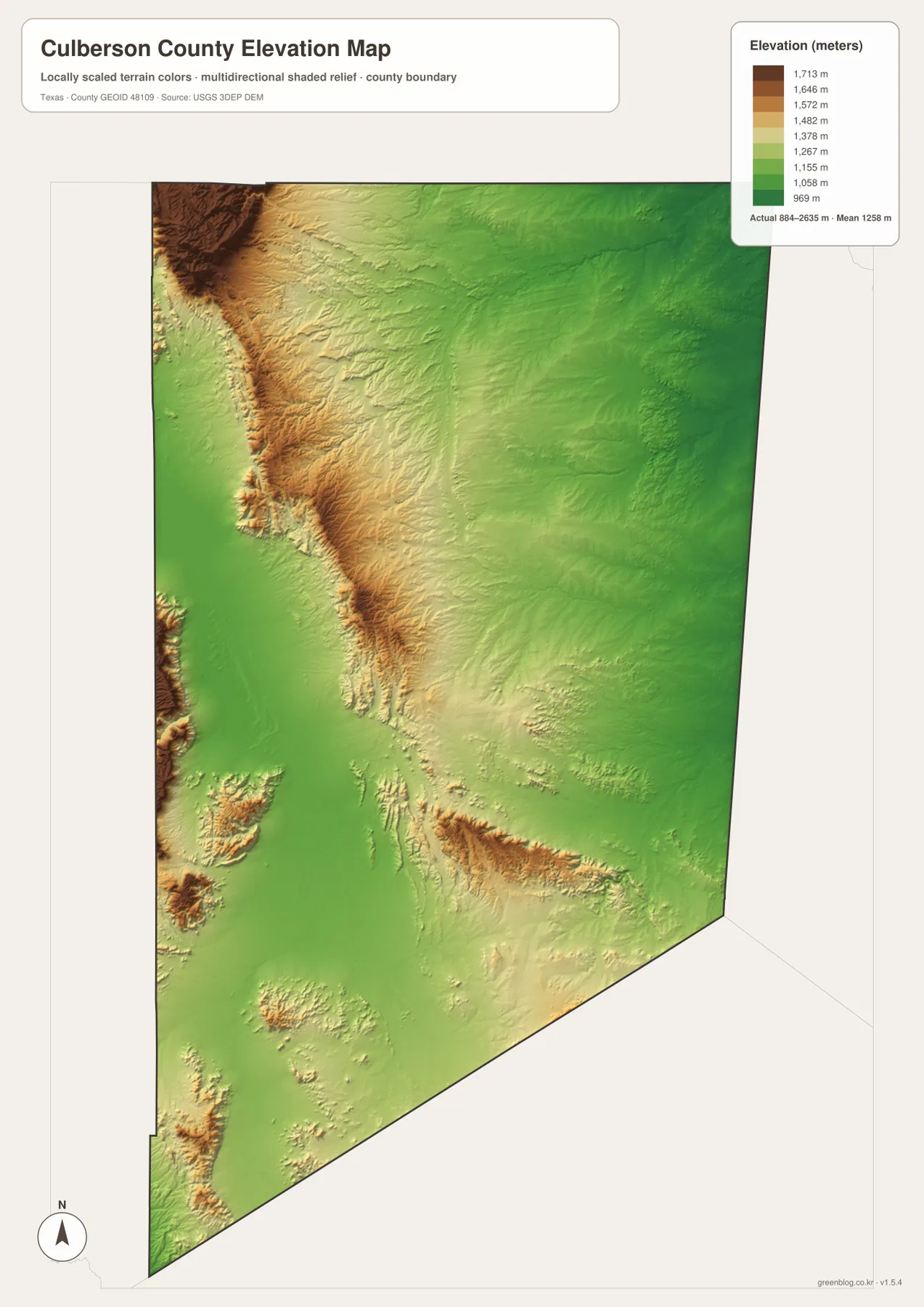 Culberson County elevation map showing high Guadalupe Mountains terrain and lower desert basins