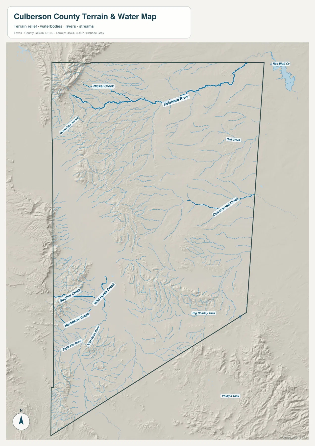 Culberson County terrain and water map showing the Delaware River, creeks, draws, tanks, and shaded relief