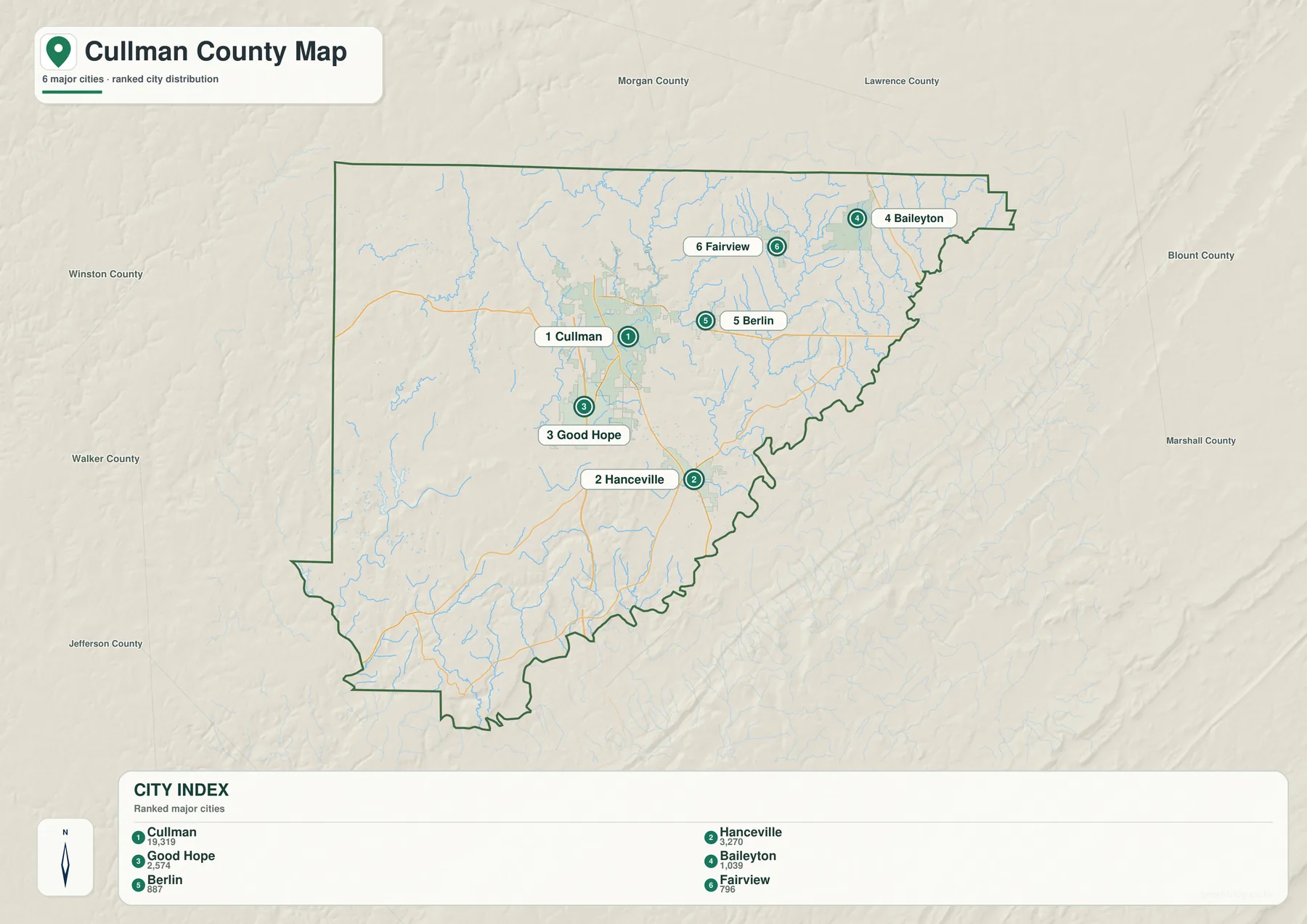 컬먼 카운티 도시 지도에 Cullman, Hanceville, Good Hope, Baileyton, Berlin, Fairview가 표시된 모습