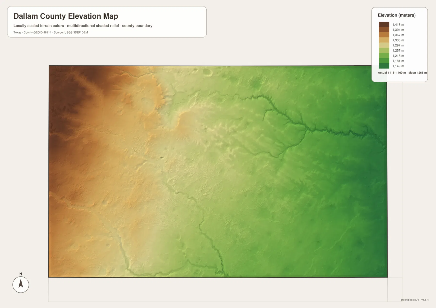 Dallam County elevation map showing higher western plains and lower eastern terrain