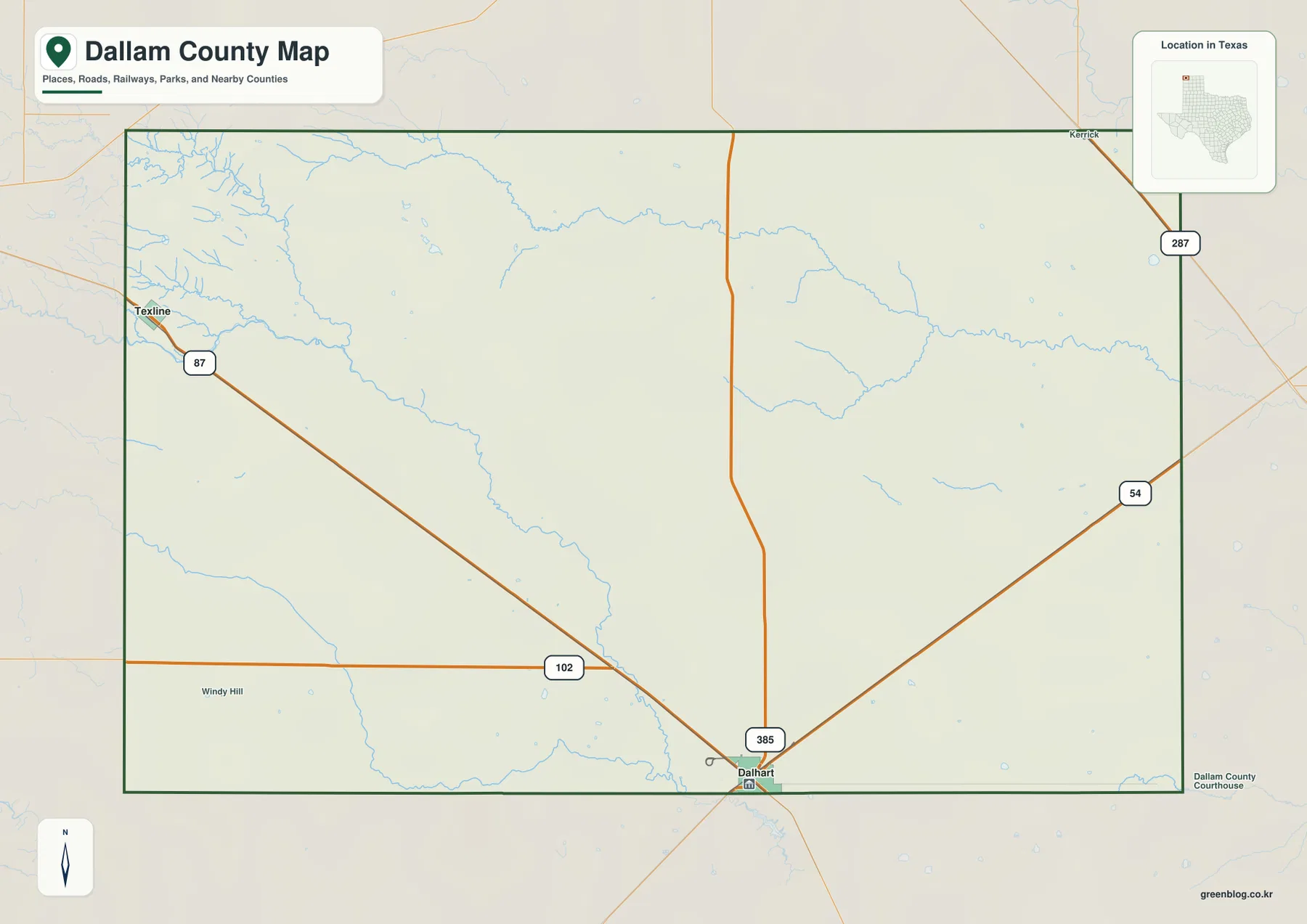 Dallam County map showing Dalhart, Texline, highways, county boundary, and nearby routes