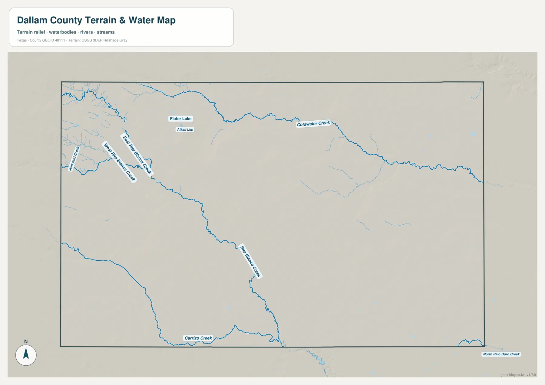 Dallam County terrain and water map showing Rita Blanca Creek, Coldwater Creek, Carrizo Creek, and small lakes