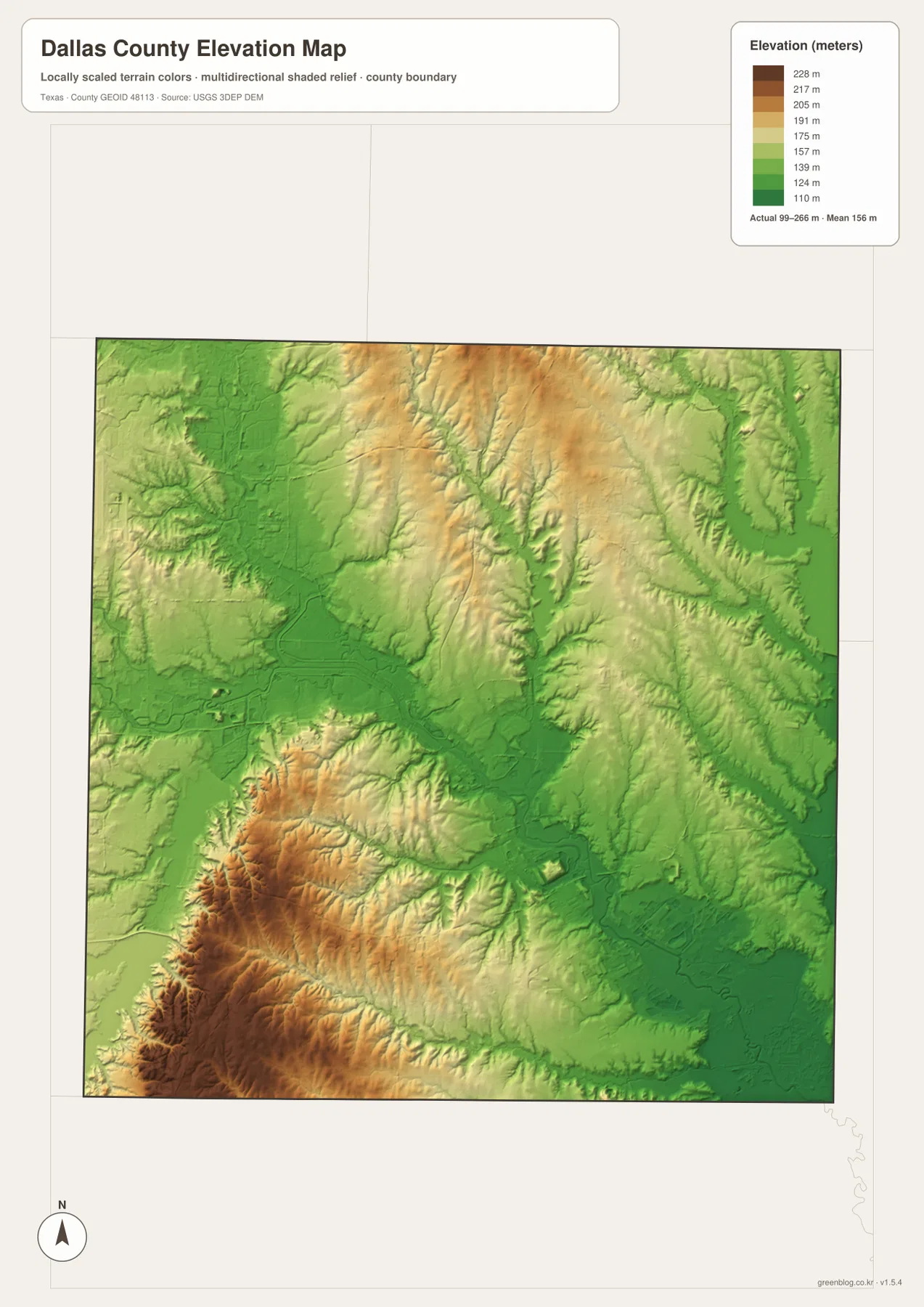 Dallas County elevation map showing high terrain around Cedar Hill and lower land along the Trinity River corridor