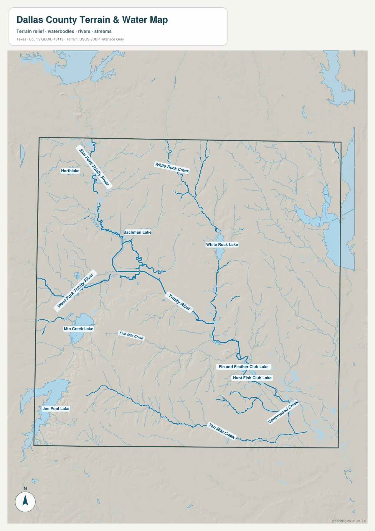 Dallas County water map showing Elm Fork, West Fork, Trinity River, White Rock Lake and major creeks