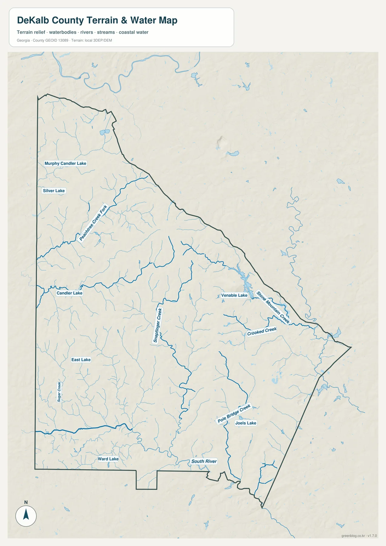 디캘브 카운티의 Peachtree Creek, Snapfinger Creek, Stone Mountain Creek, South River와 여러 호수를 표시한 수역 지도
