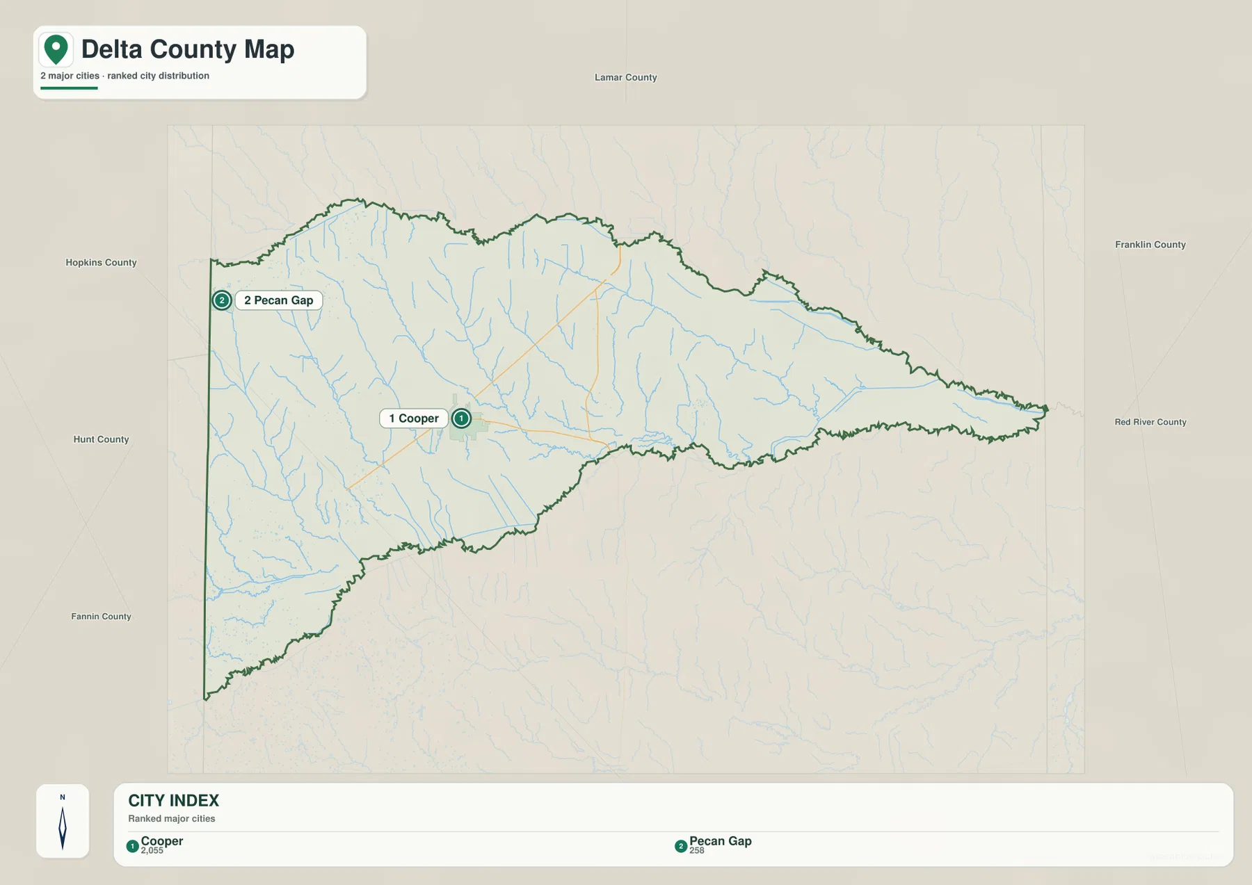 Delta County city map ranking Cooper and Pecan Gap as the two major mapped cities