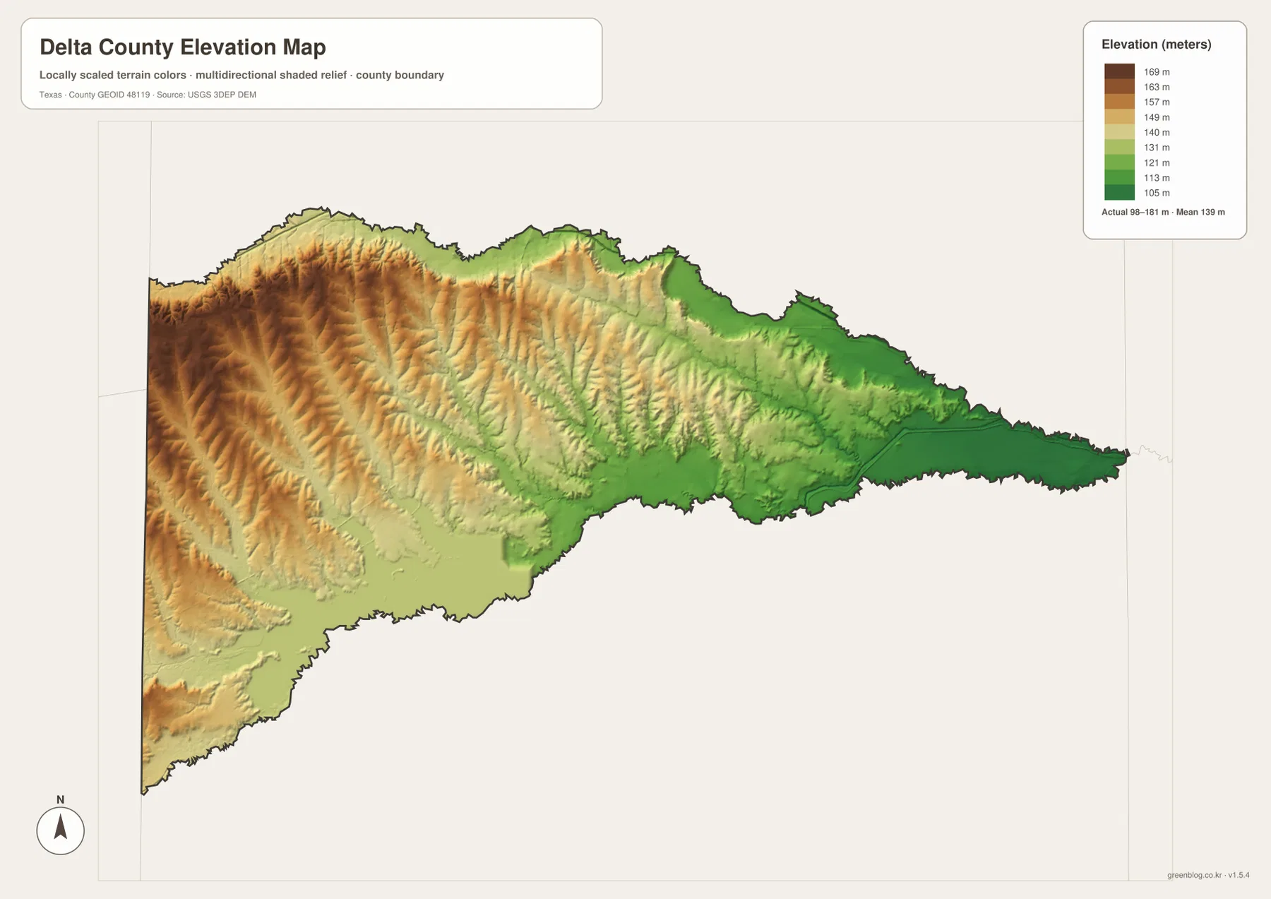Delta County Texas elevation map showing higher western terrain and lower eastern Sulphur River corridor