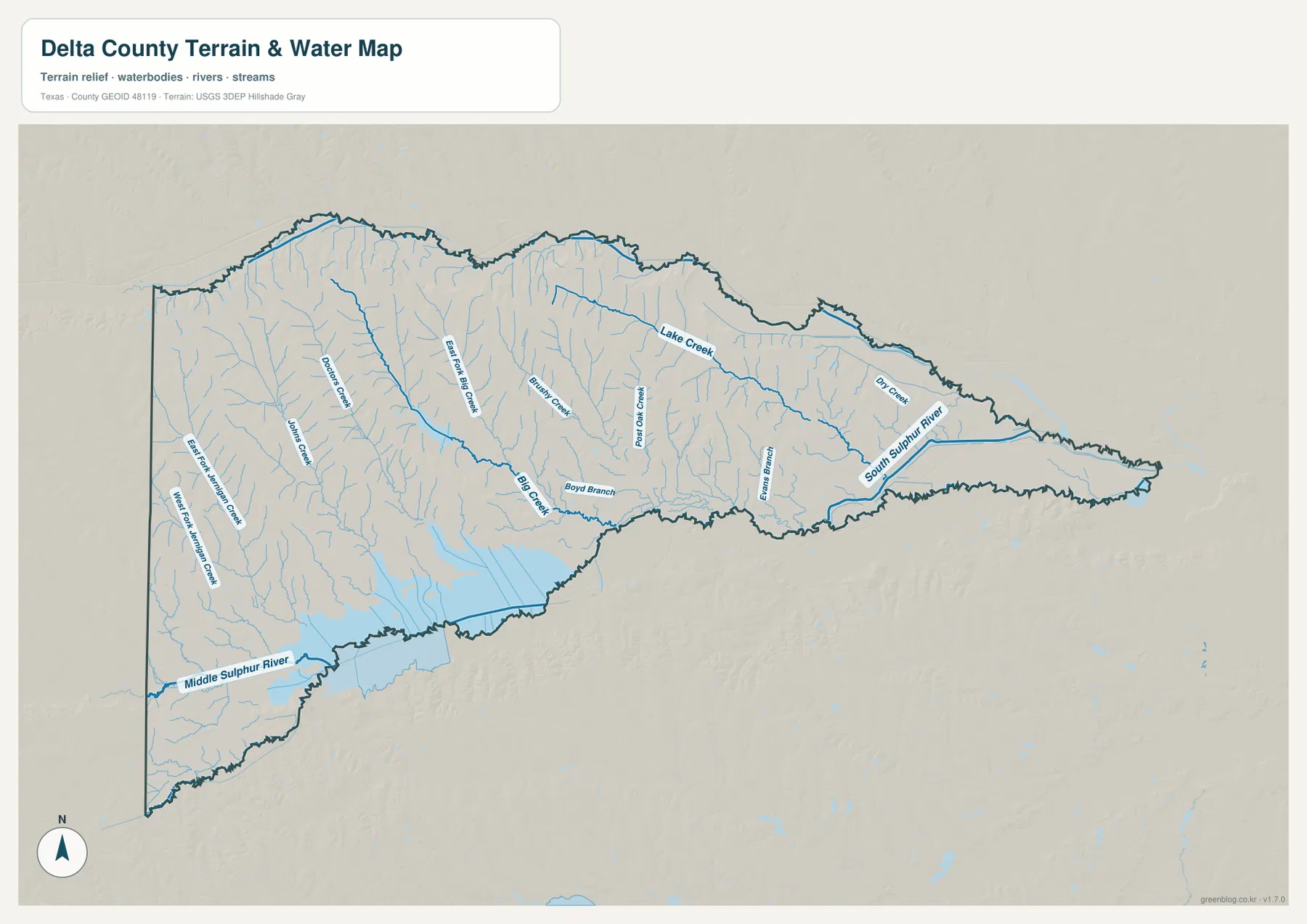 Delta County terrain and water map showing Cooper Lake, South Sulphur River, Middle Sulphur River, and named creeks