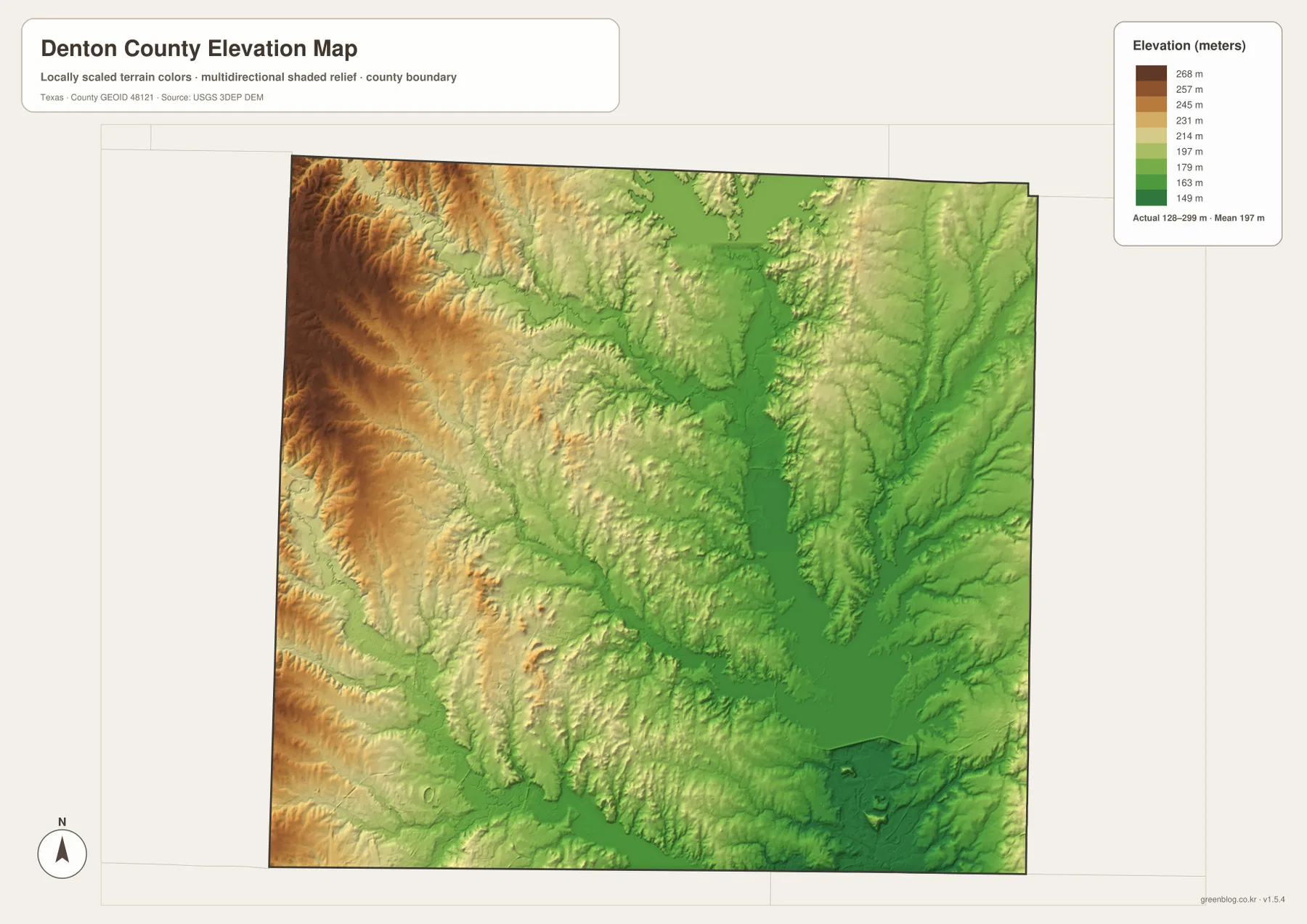 Denton County Texas elevation map showing higher western uplands and lower terrain around the lakes and Elm Fork