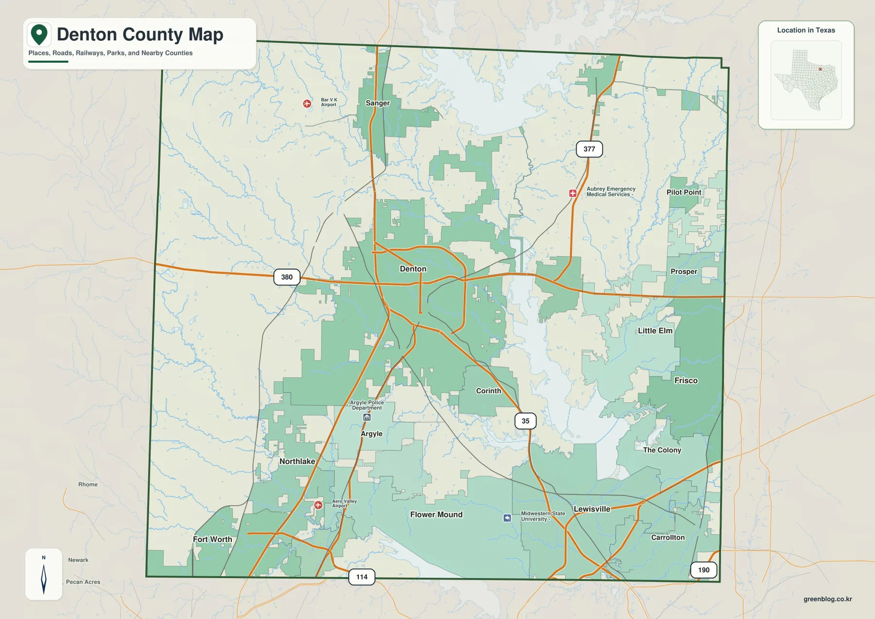Denton County Texas map showing Denton, Interstate 35, U.S. 380, major communities, roads, and lakes