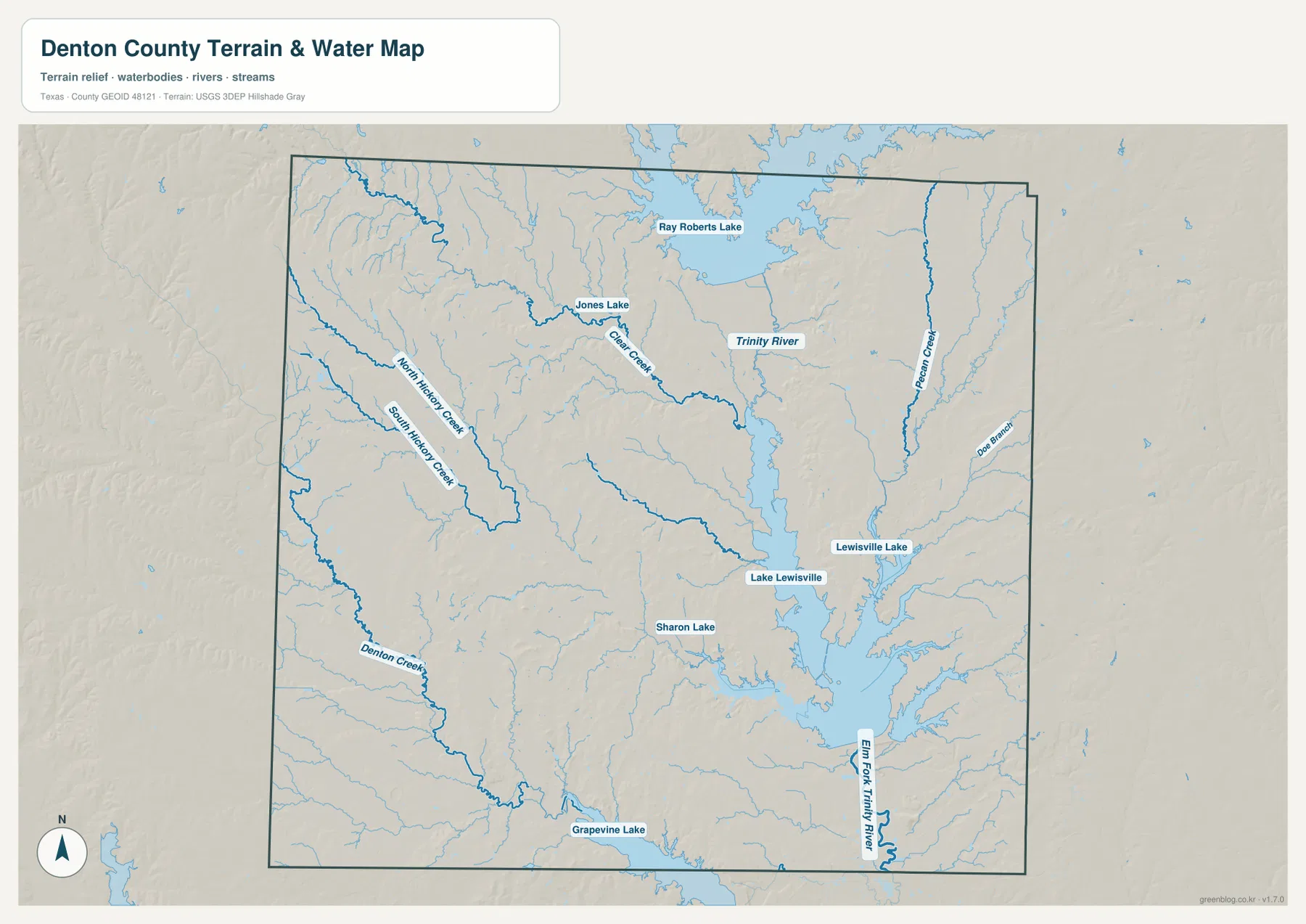 Denton County terrain and water map showing Ray Roberts Lake, Lewisville Lake, Elm Fork Trinity River, and named creeks