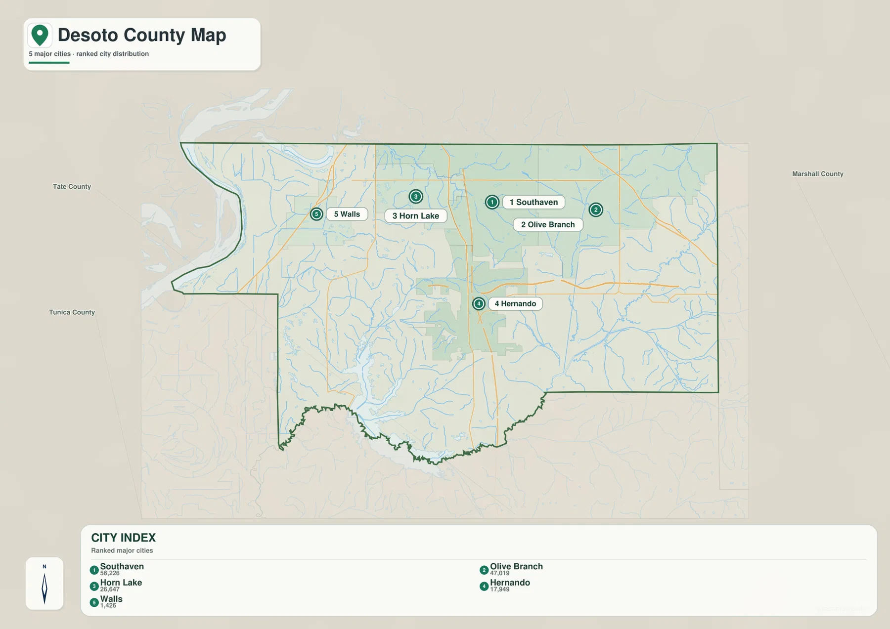 DeSoto County city map ranking Southaven, Olive Branch, Horn Lake, Hernando and Walls