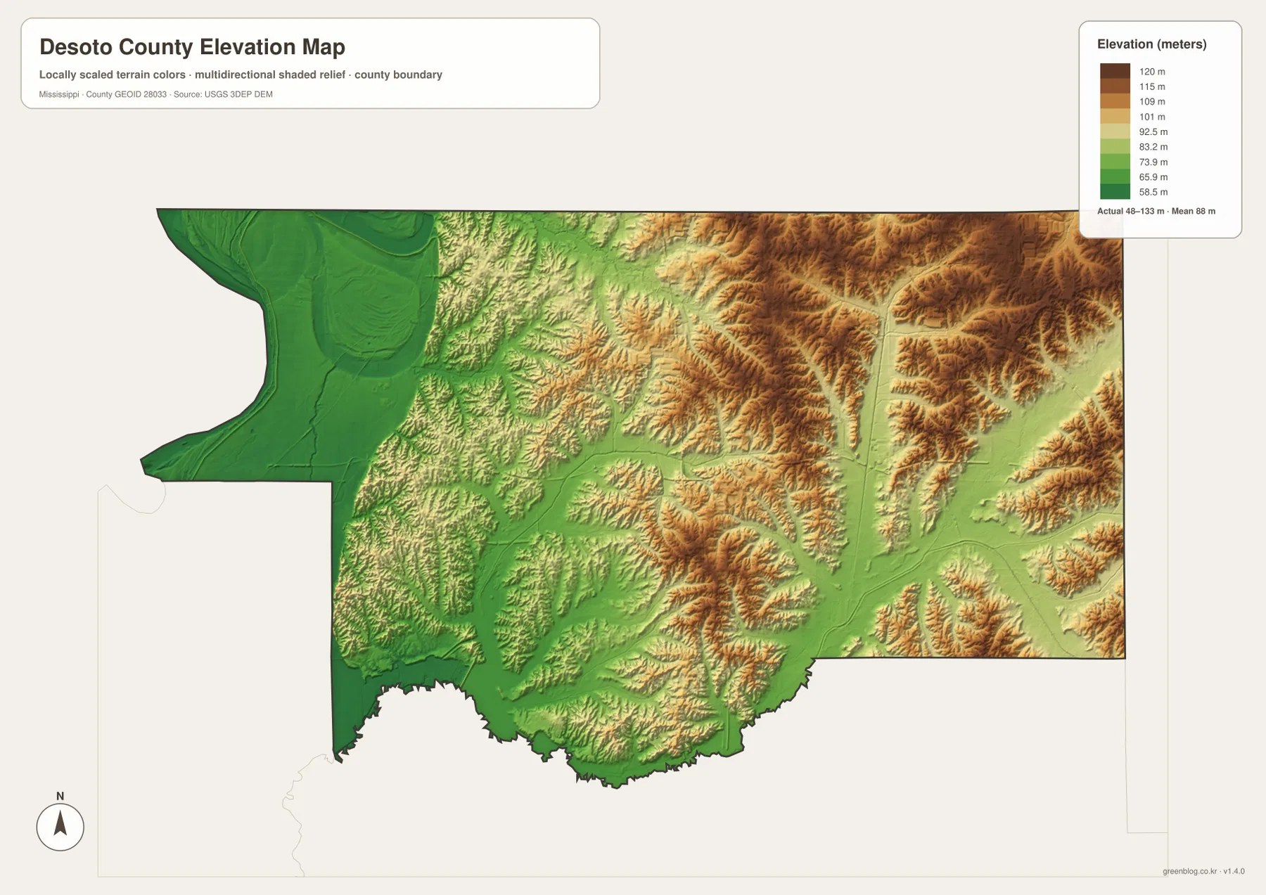 DeSoto County elevation map showing approximately 48 to 133 meters from western lowlands to eastern hills
