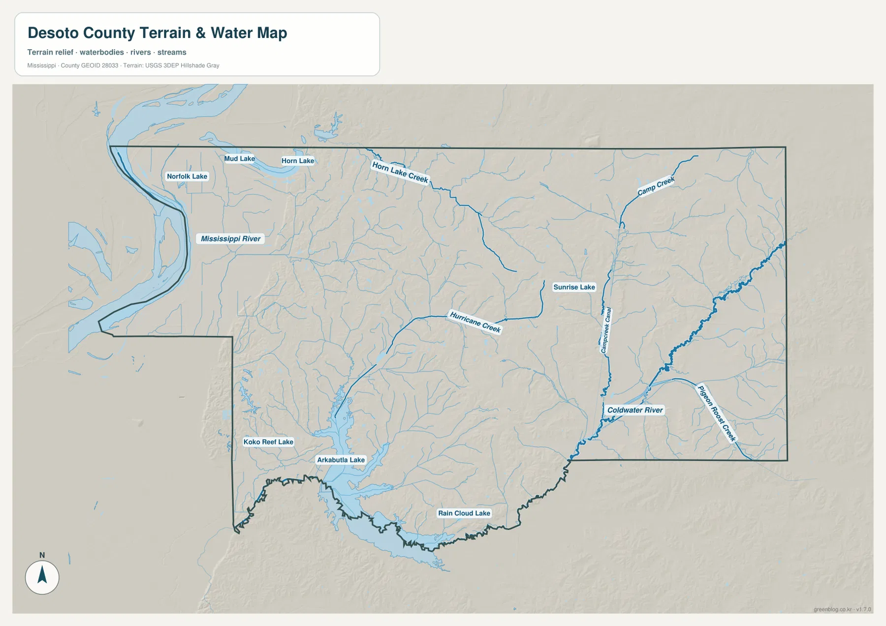 DeSoto County terrain and water map with the Mississippi River, Arkabutla Lake, Coldwater River and creeks
