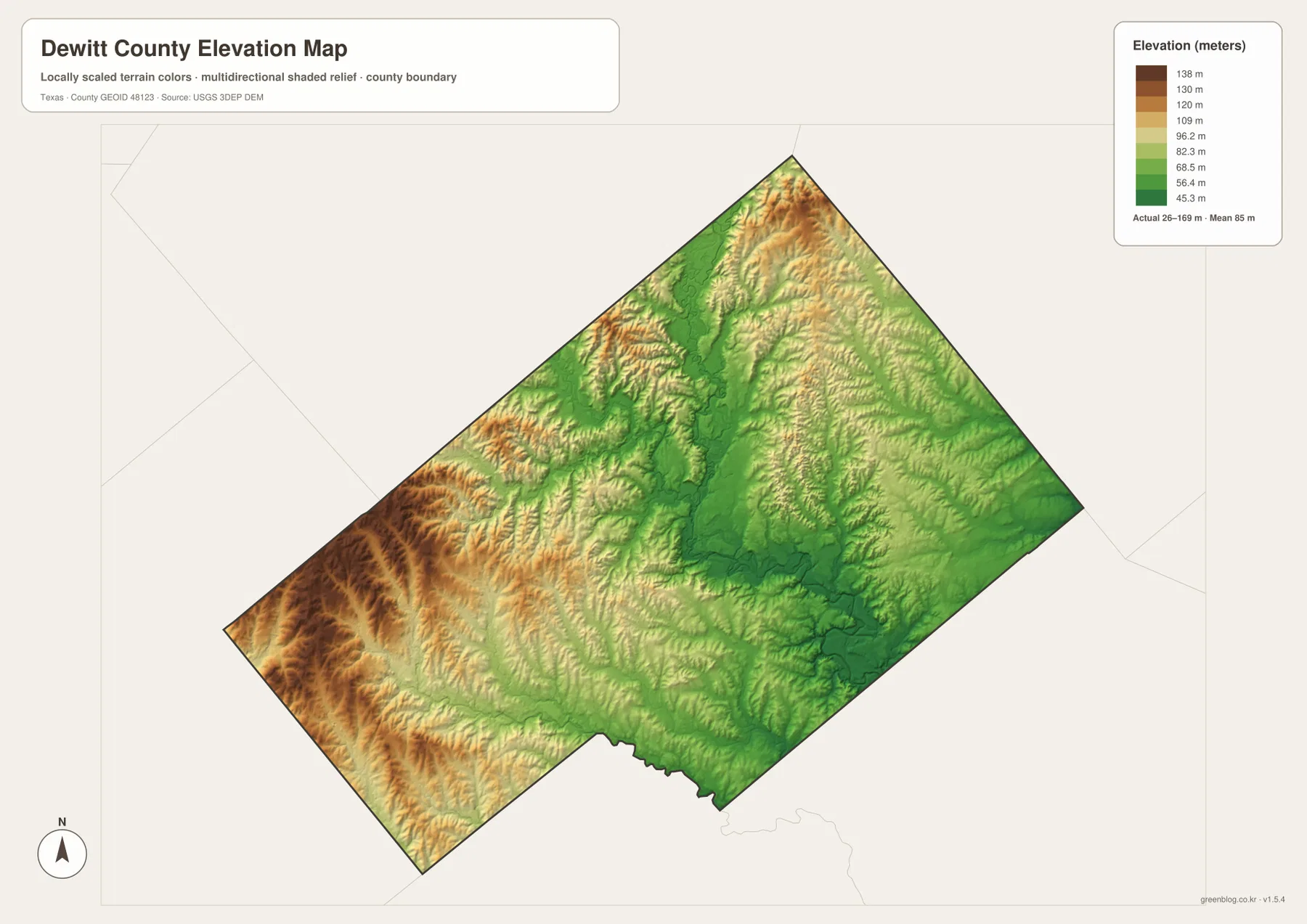 DeWitt County elevation map showing higher western terrain and the lower Guadalupe River corridor