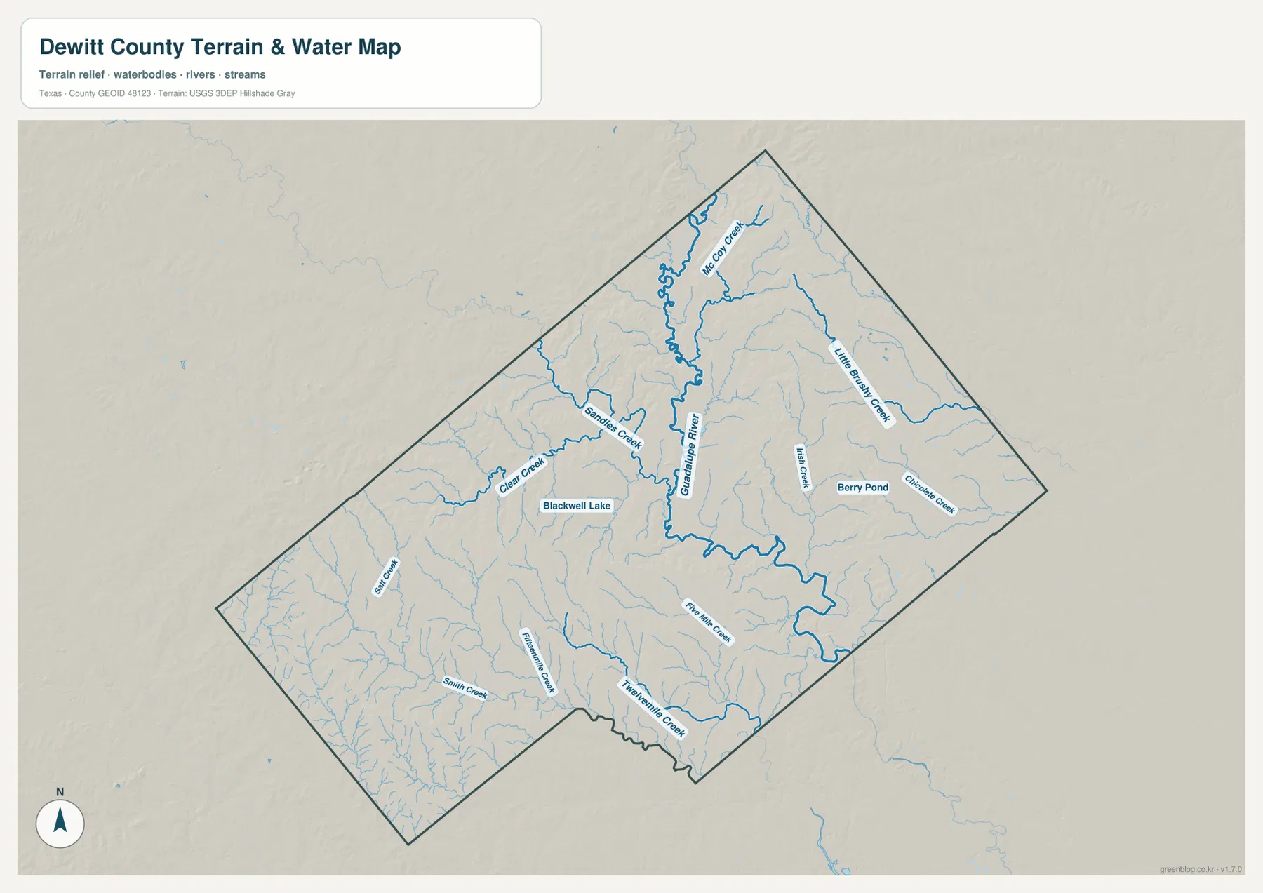 DeWitt County water map showing Guadalupe River, Sandies Creek, McCoy Creek, Clear Creek, and other tributaries