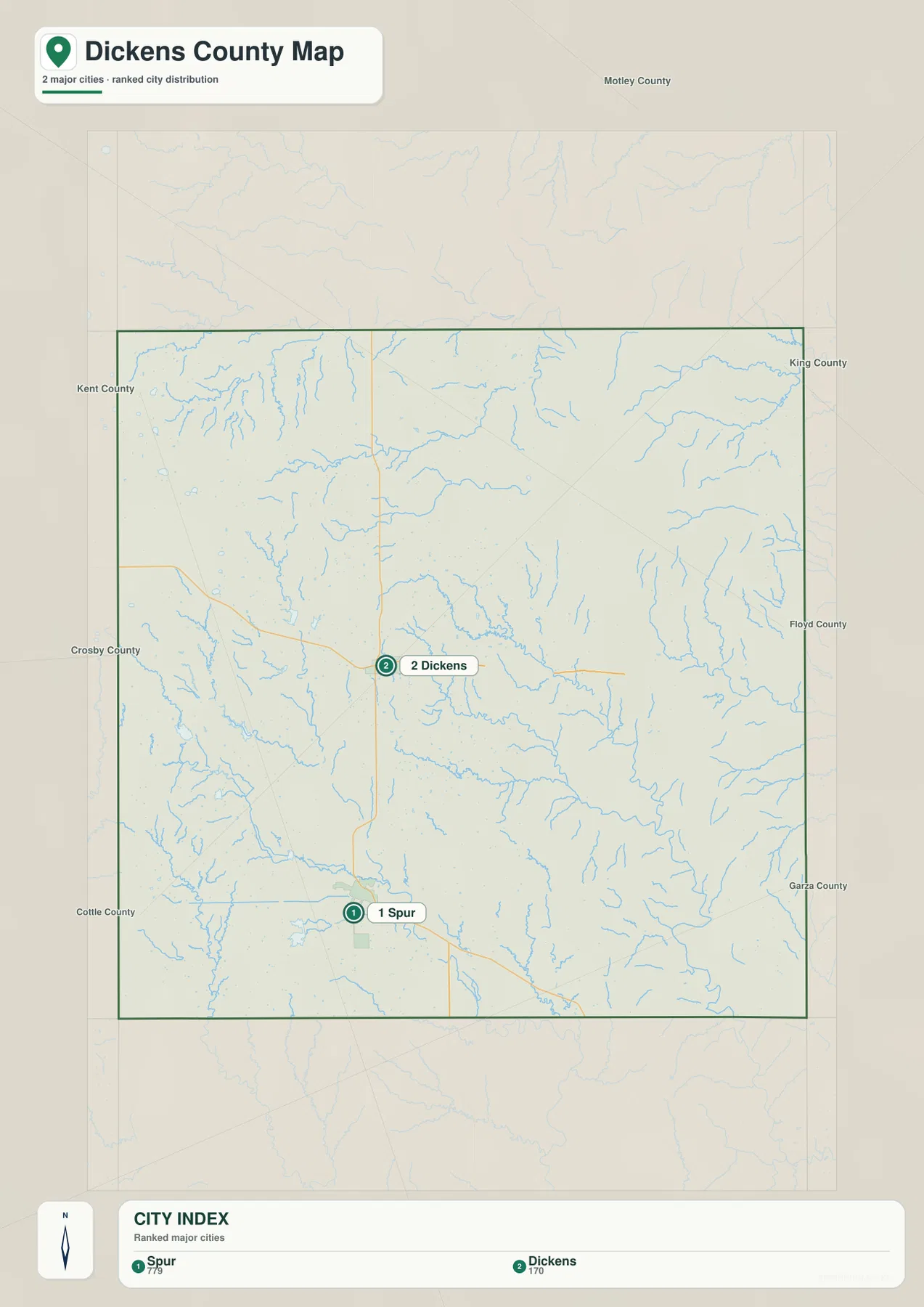 Dickens County city map with Spur ranked first and Dickens ranked second