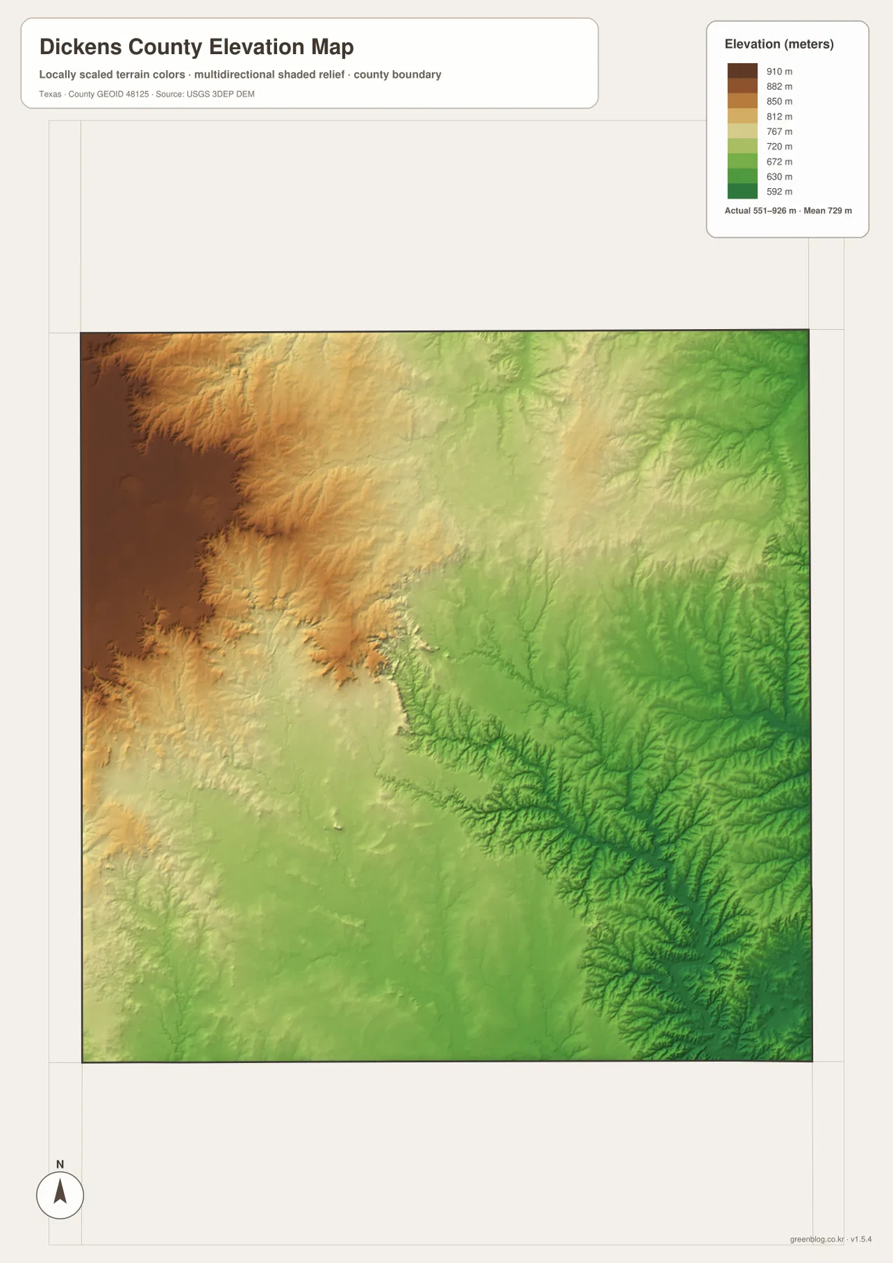 Dickens County elevation map showing high western Caprock terrain and lower eastern valleys