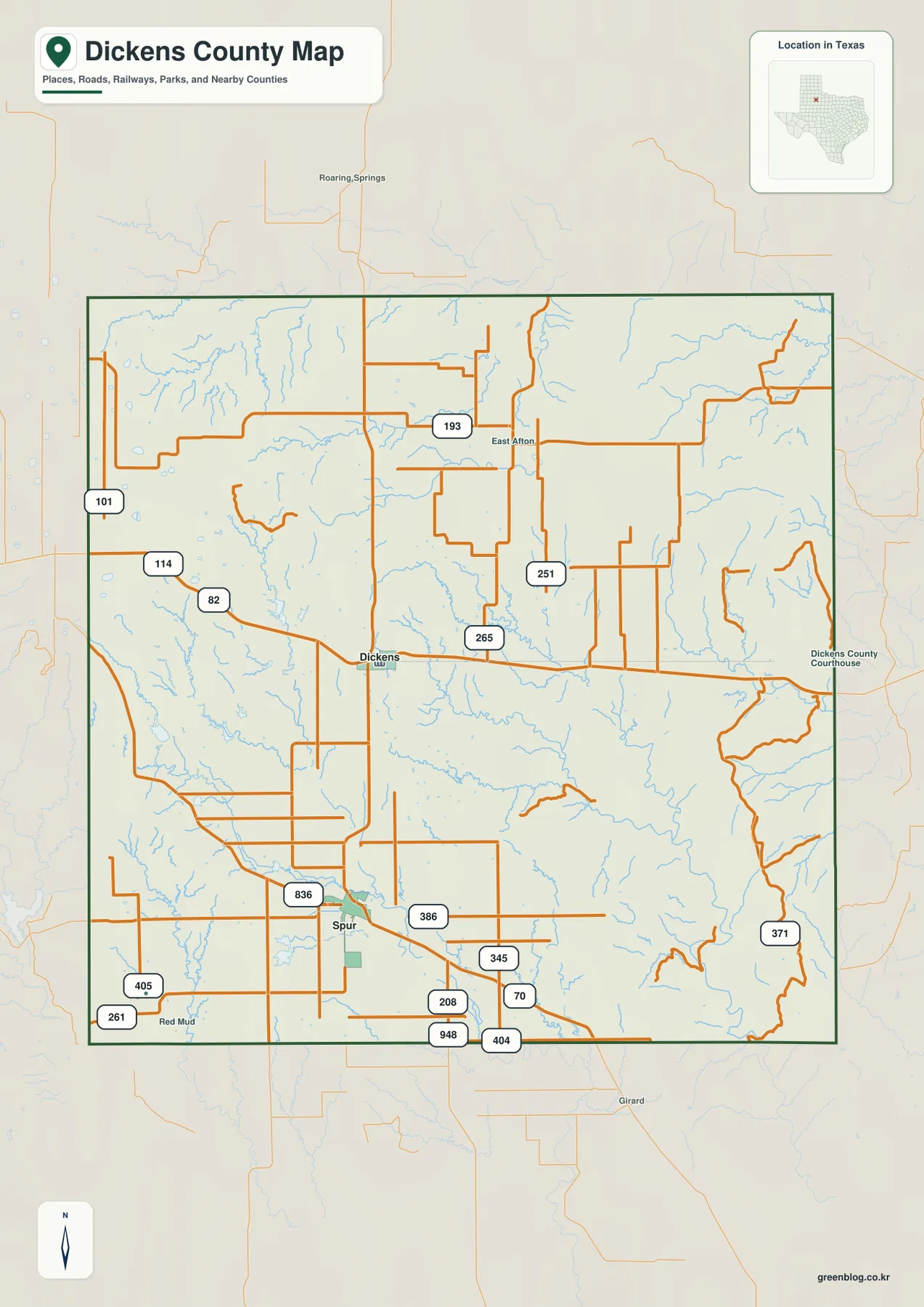 Dickens County map showing Spur, Dickens, major roads, streams, and the county boundary