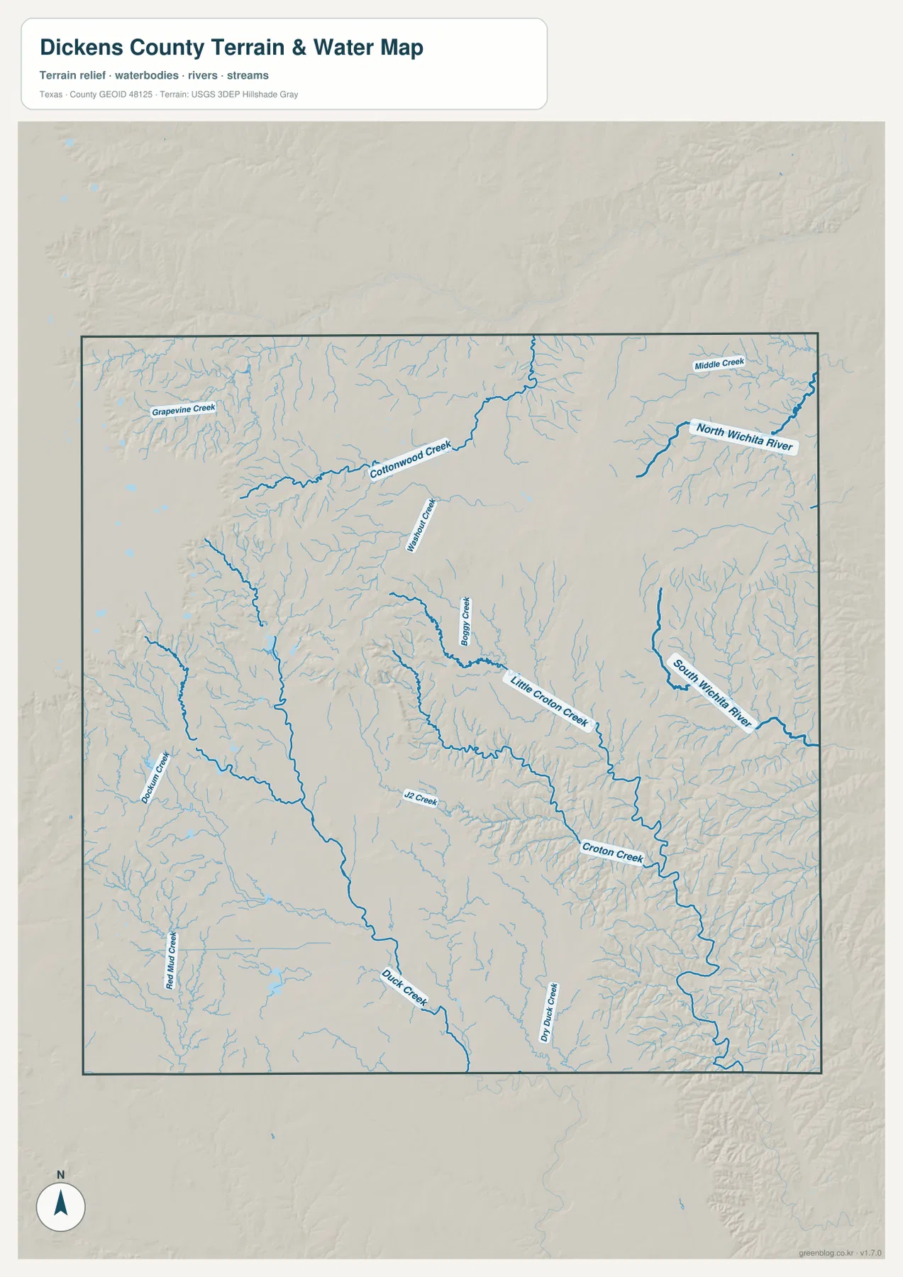 Dickens County water map showing North Wichita River, South Wichita River, Croton Creek, Duck Creek, and tributaries