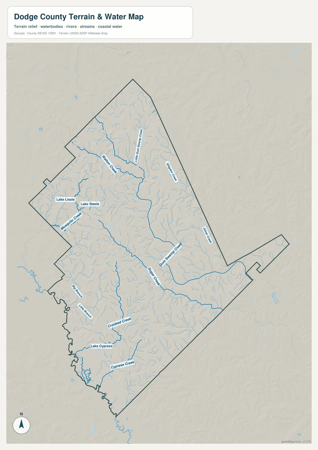 도지 카운티 수역 지도에 표시된 Gum Swamp Creek, Sugar Creek, Cypress Creek과 여러 지류