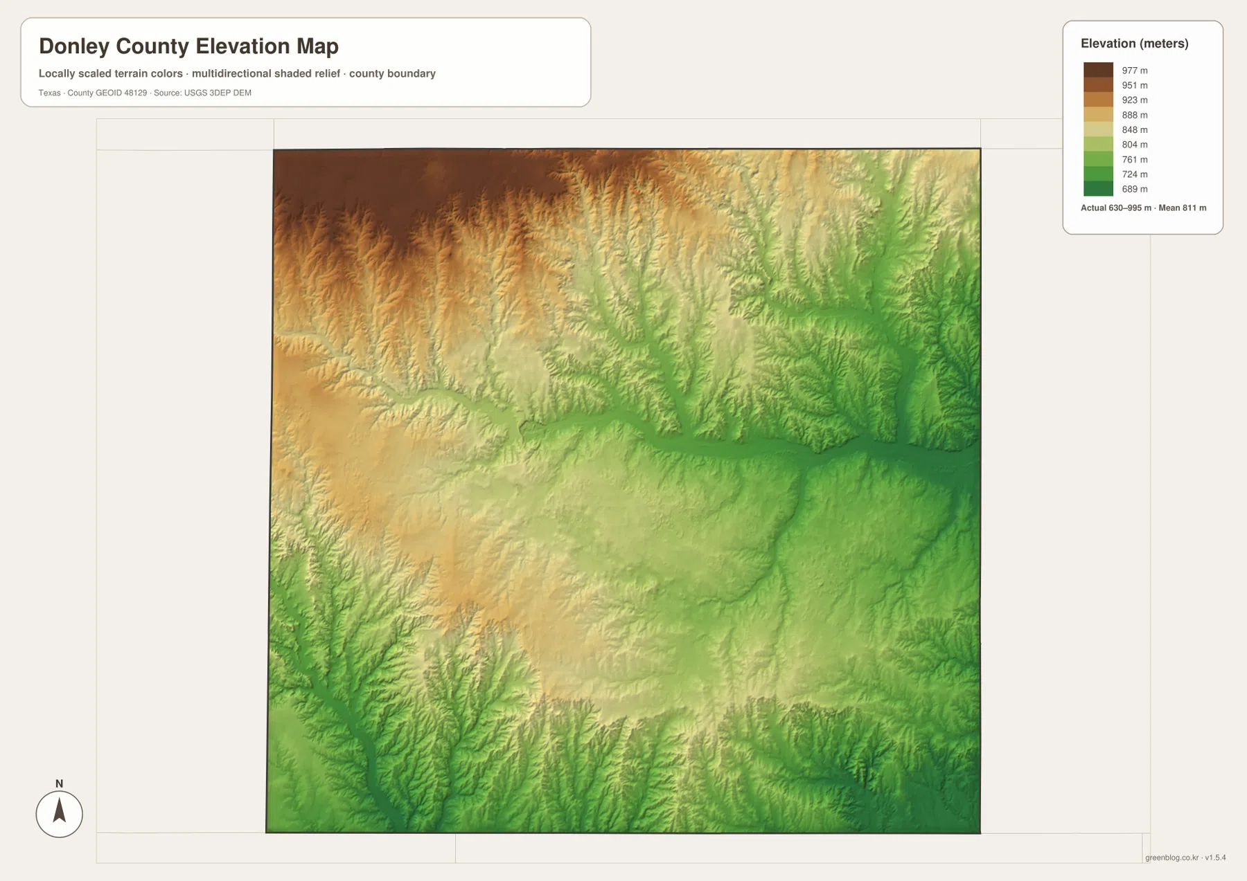 Donley County elevation map showing high northwestern terrain and lower eastern Salt Fork valleys