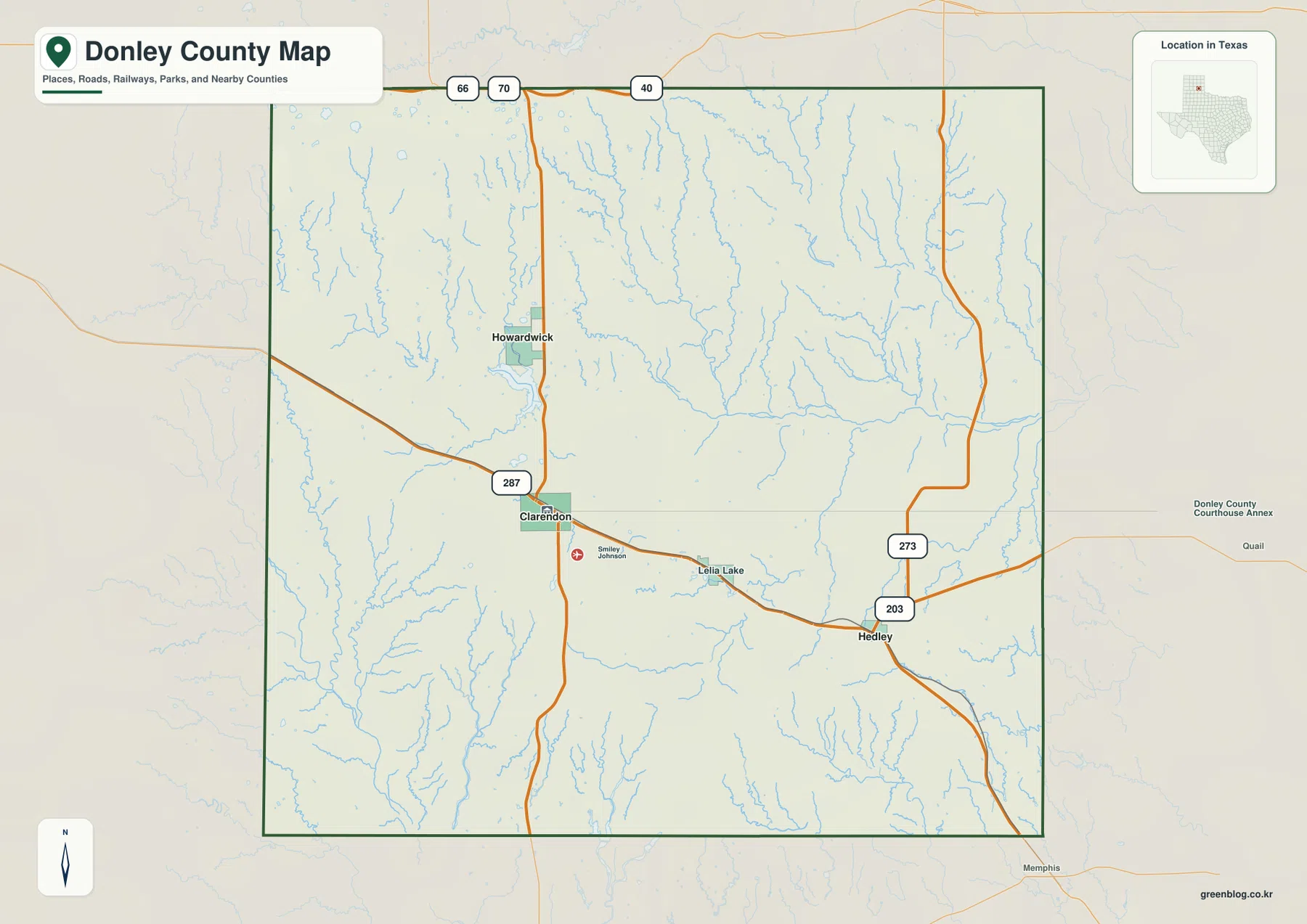 Donley County map showing Clarendon, Hedley, Howardwick, Lelia Lake, US 287 and county roads