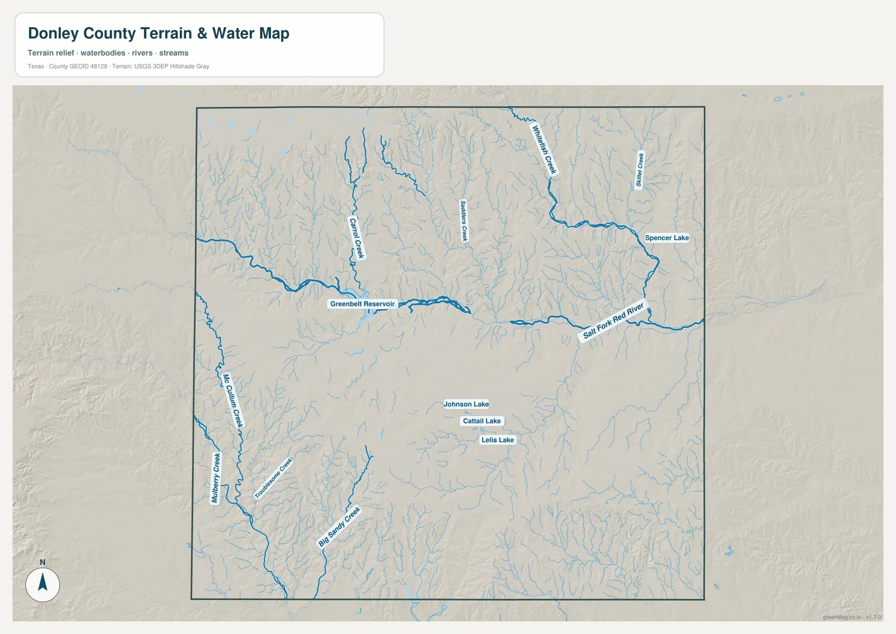 Donley County terrain and water map showing Greenbelt Reservoir, Salt Fork Red River, creeks and lakes