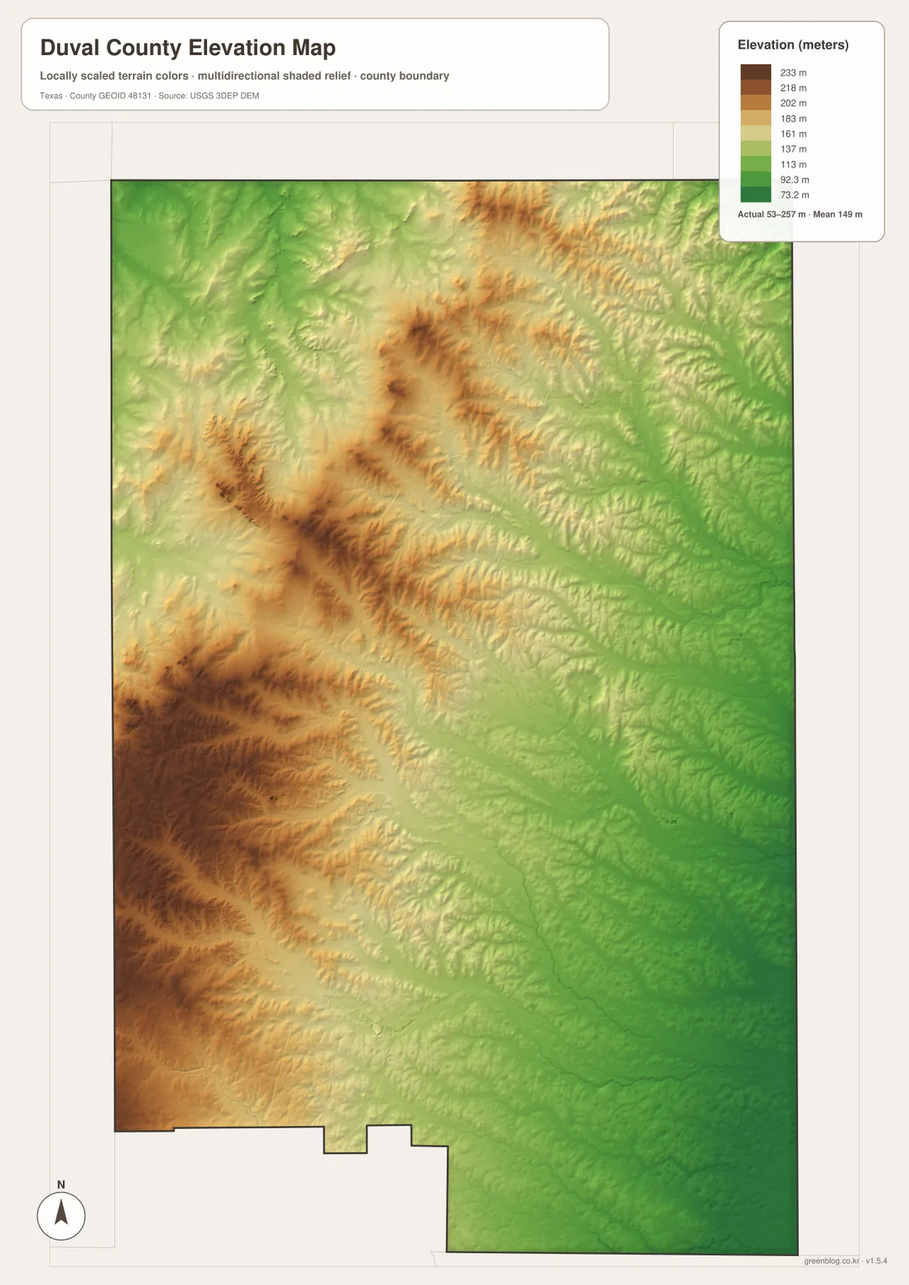 Duval County elevation map showing higher western and southwestern terrain and lower eastern ground