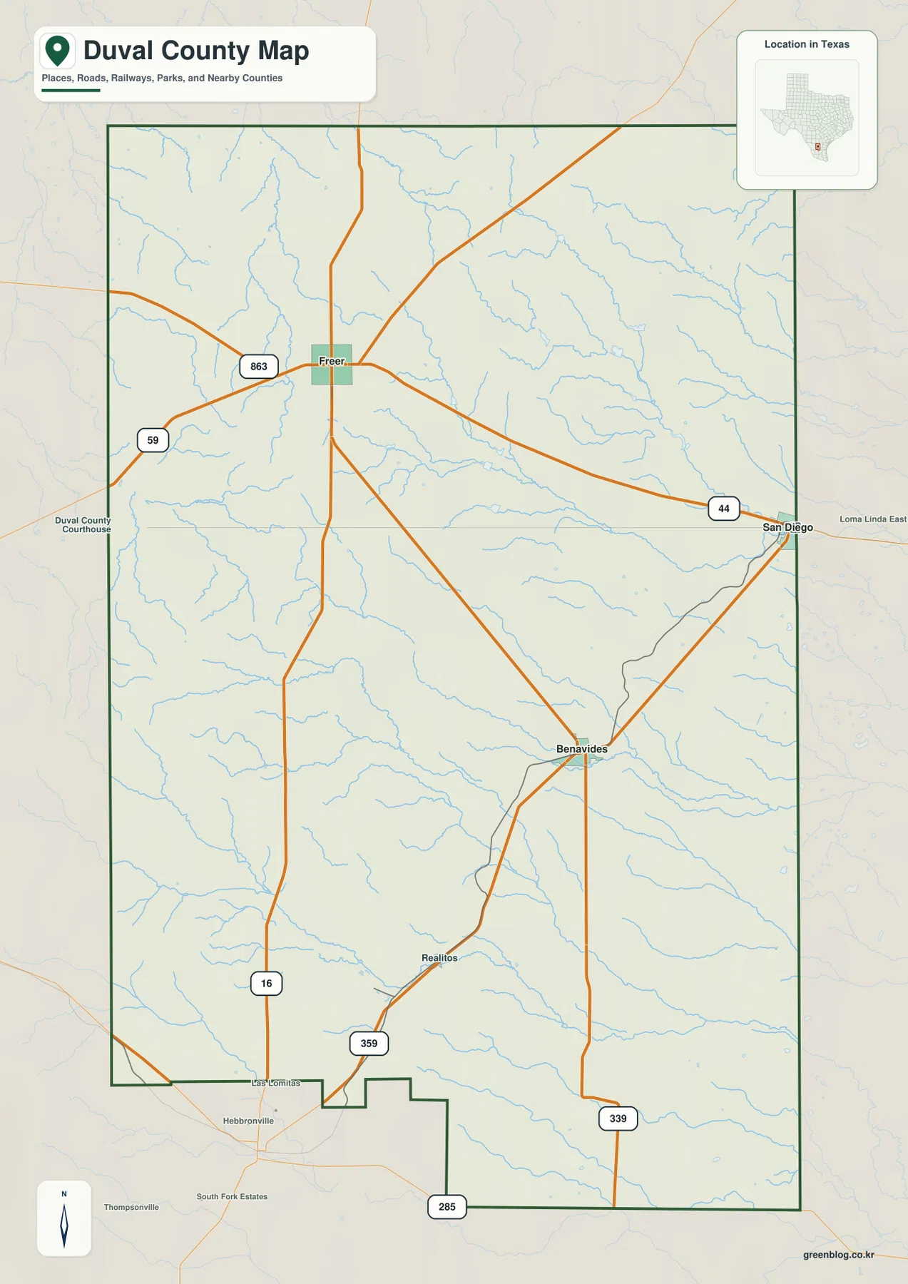 Duval County map showing Freer, San Diego, Benavides, Realitos, and major road numbers