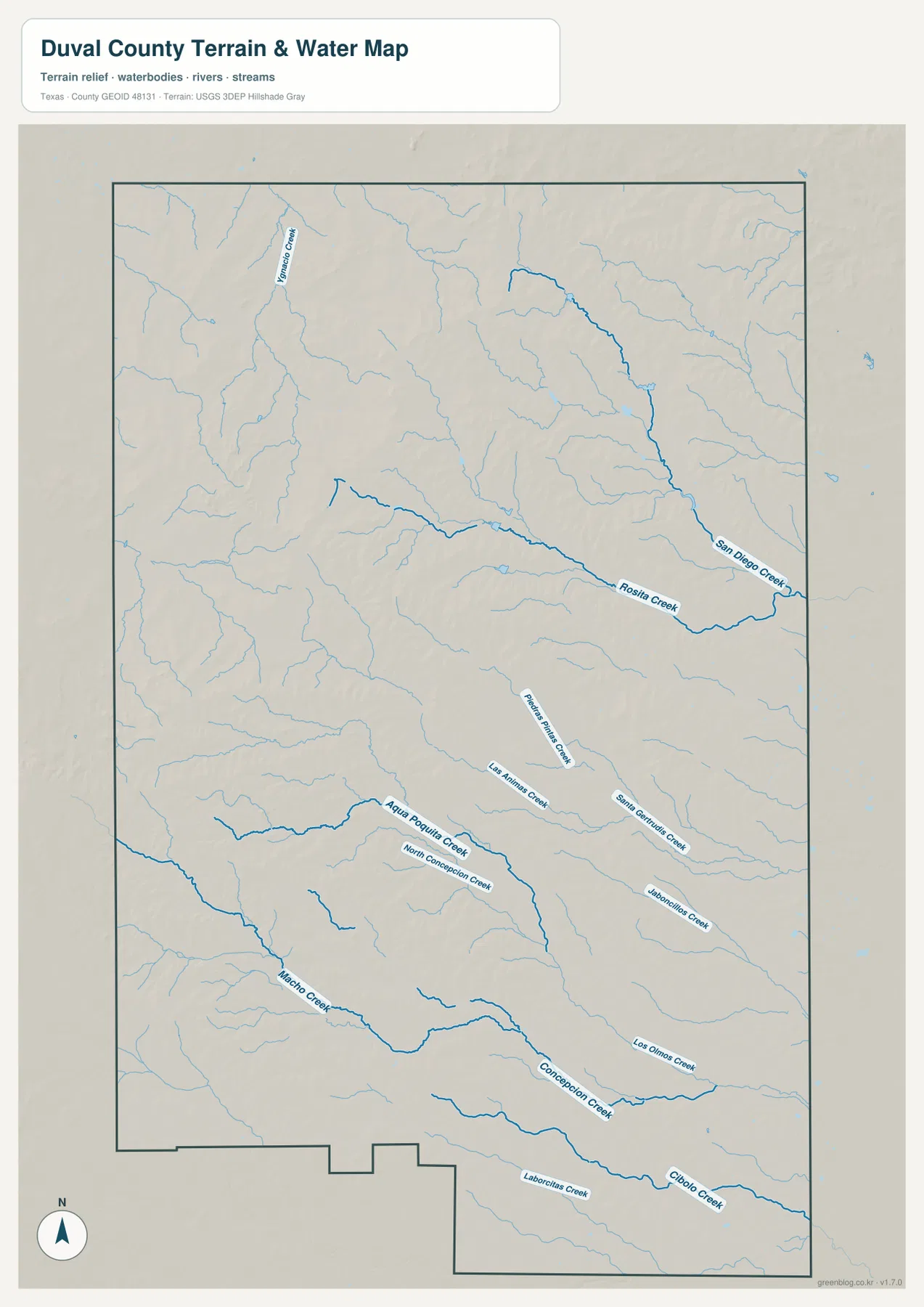 Duval County water map showing San Diego Creek, Rosita Creek, Concepcion Creek, and smaller drainages