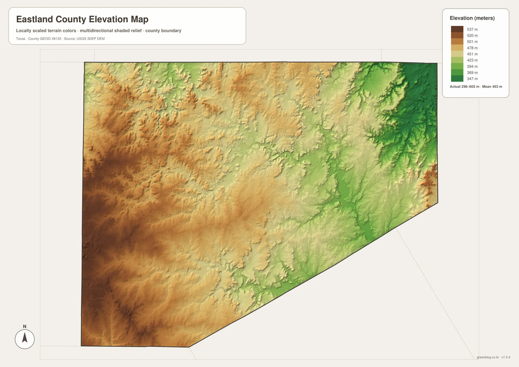 Eastland County elevation map showing higher western uplands and lower terrain toward the Leon River in the east
