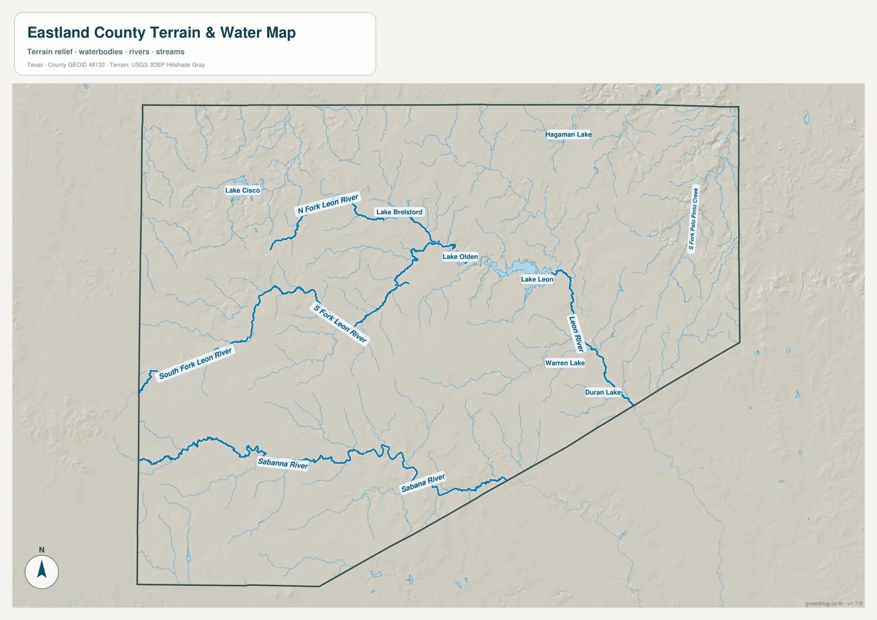 Eastland County water map showing North Fork Leon River, South Fork Leon River, Lake Leon, Lake Cisco and Sabana River