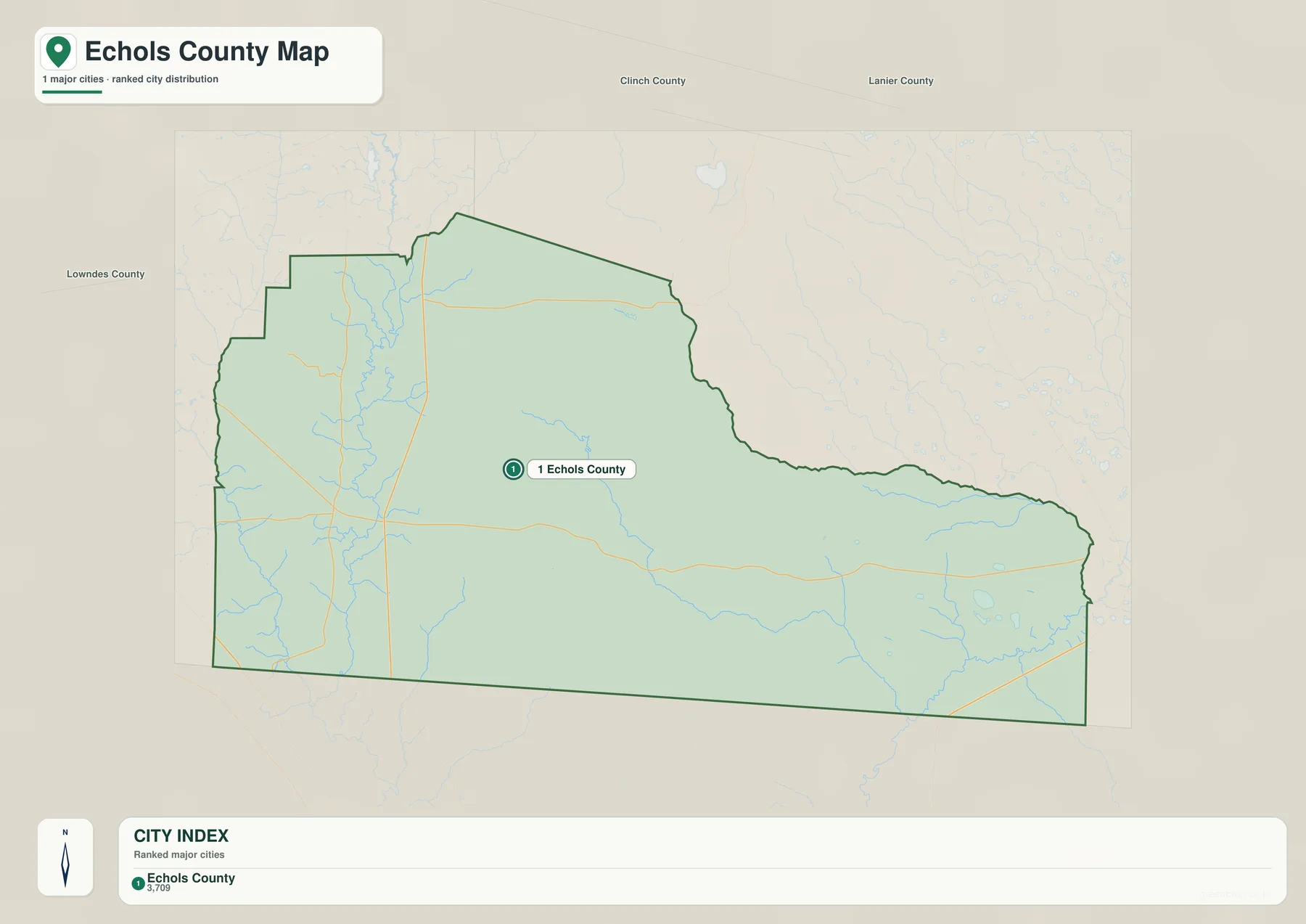 에콜스 카운티 중심 표식과 Lowndes County, Clinch County, Lanier County가 표시된 도시 분포 지도