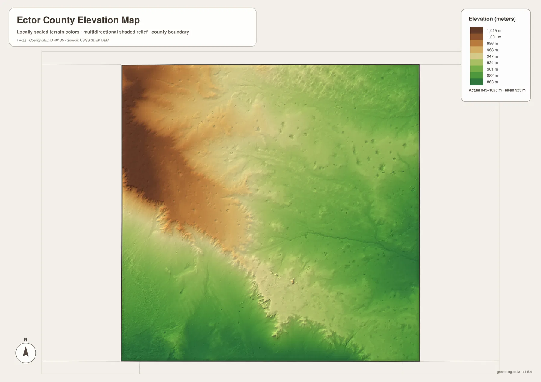Ector County elevation map showing high terrain in the northwest and lower terrain across much of the east and south